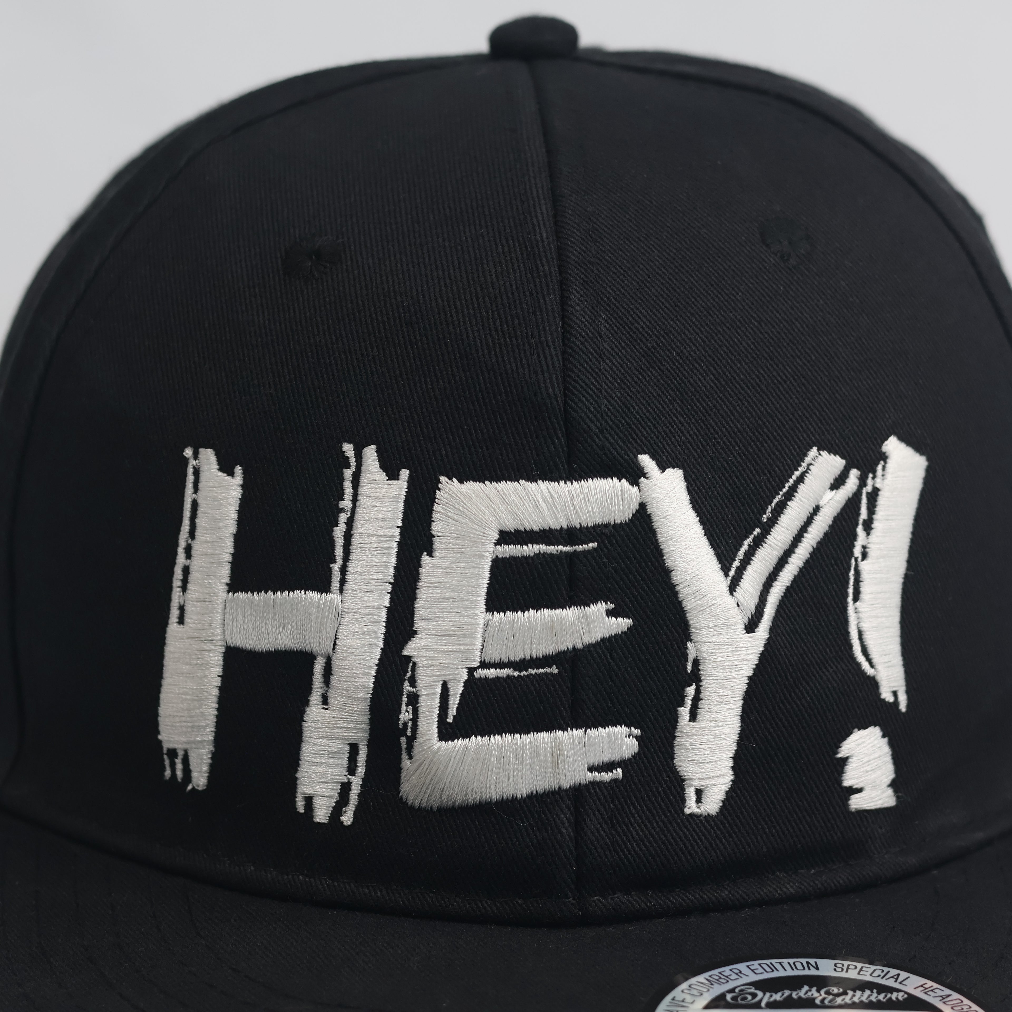 Thrifted "HEY!" Statement Black Snapback Cap | Streetwear Flat Brim Hat