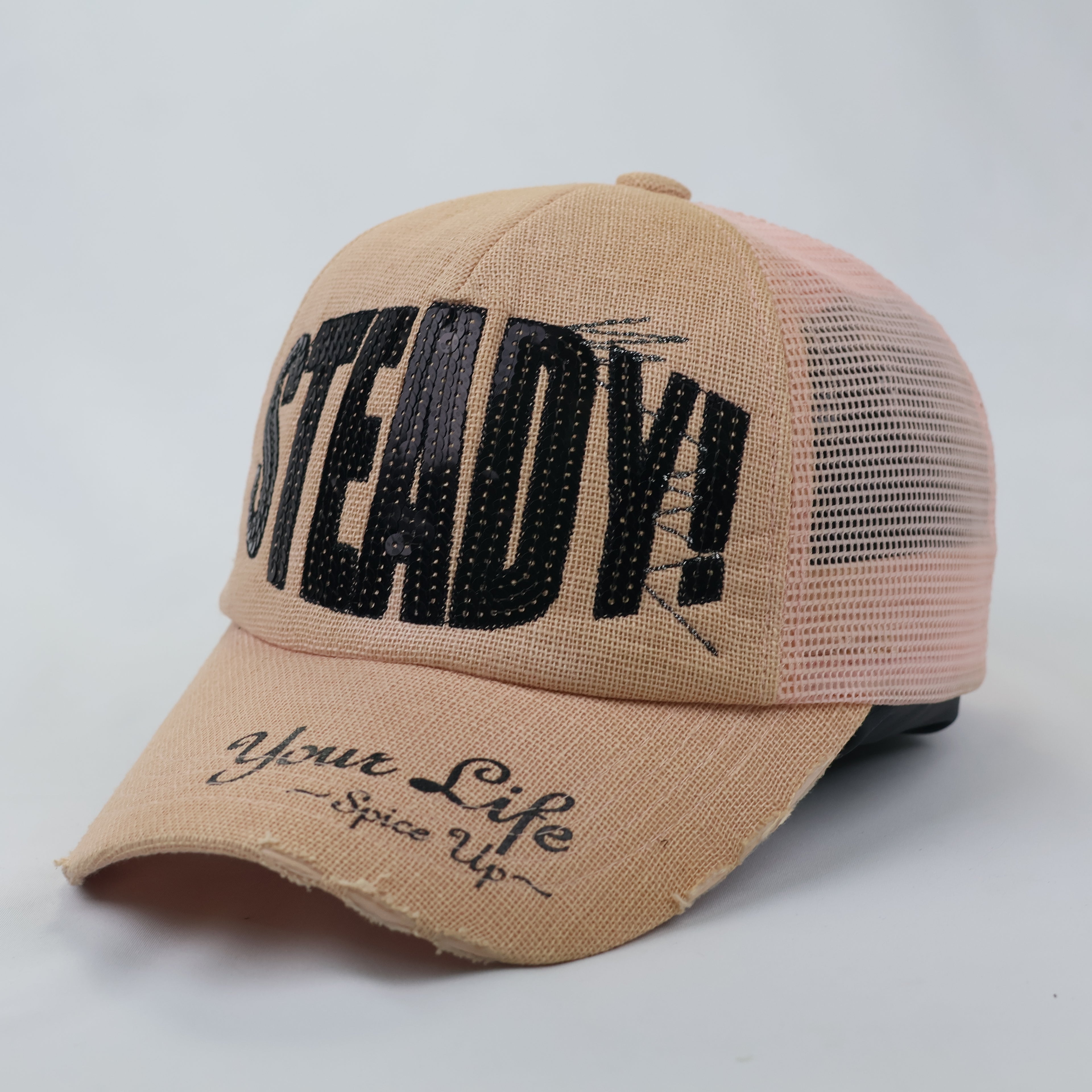 Distressed Sequin Graphic Trucker Hat - Pink & Tan Mesh Snapback