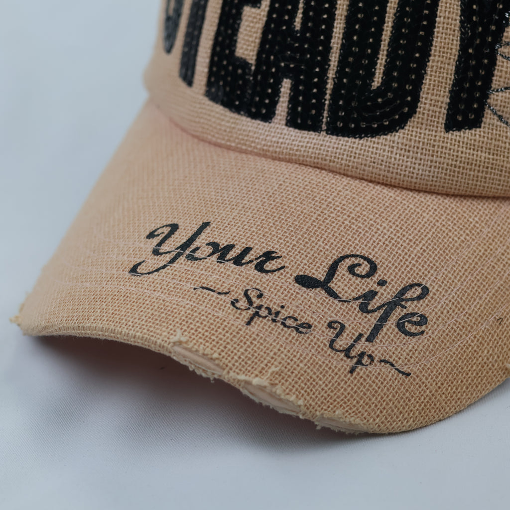 Distressed Sequin Graphic Trucker Hat - Pink & Tan Mesh Snapback