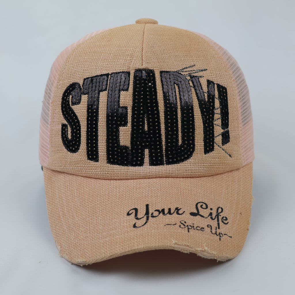 Distressed Sequin Graphic Trucker Hat - Pink & Tan Mesh Snapback