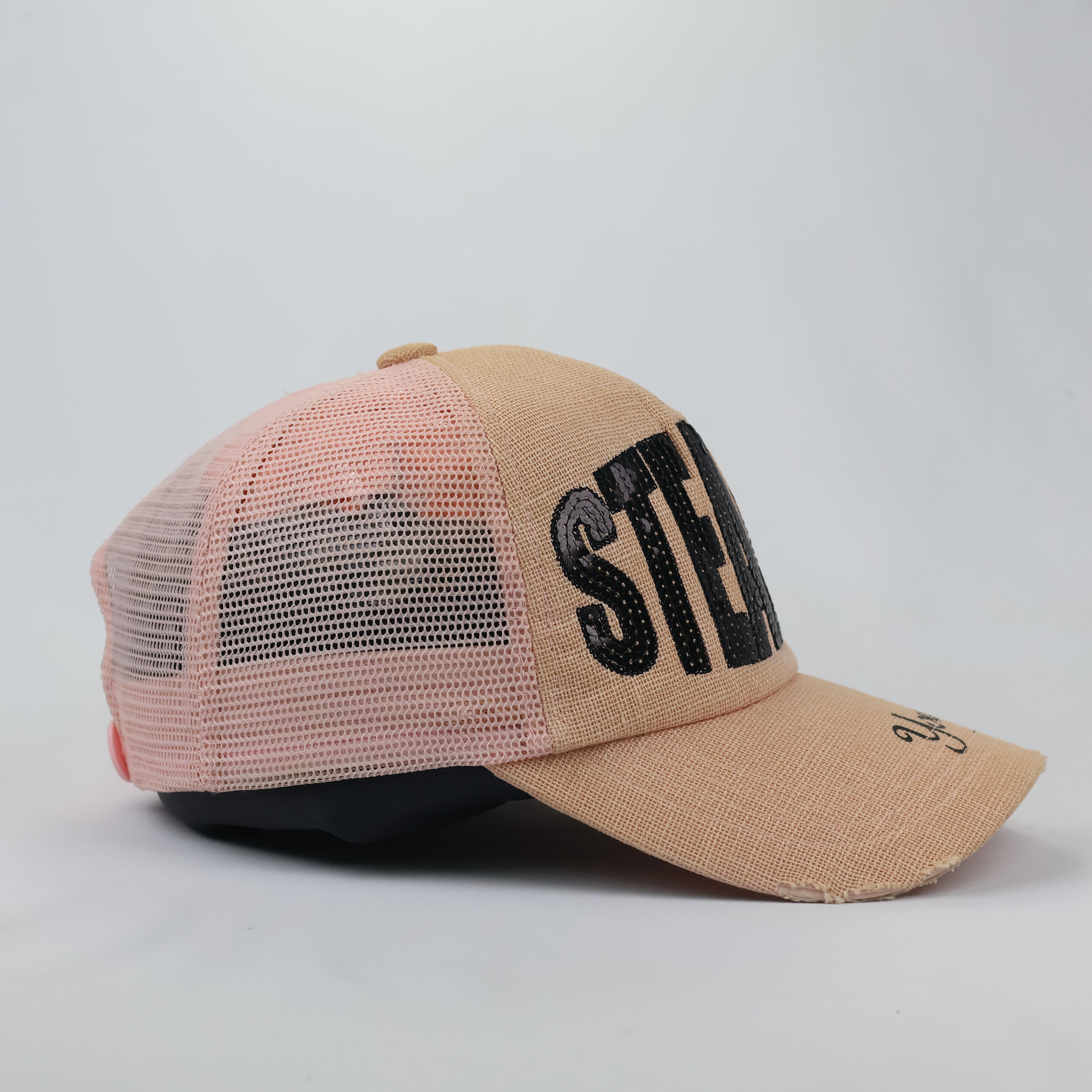 Distressed Sequin Graphic Trucker Hat - Pink & Tan Mesh Snapback