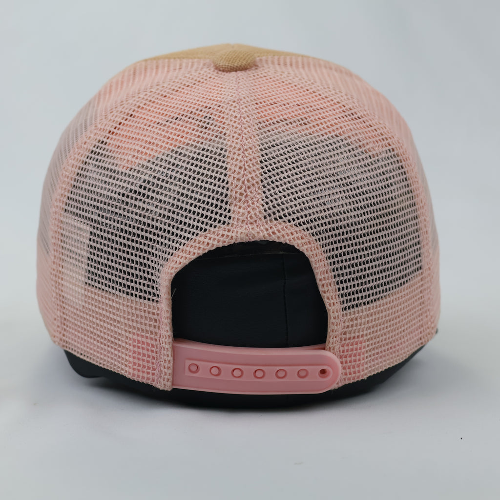 Distressed Sequin Graphic Trucker Hat - Pink & Tan Mesh Snapback
