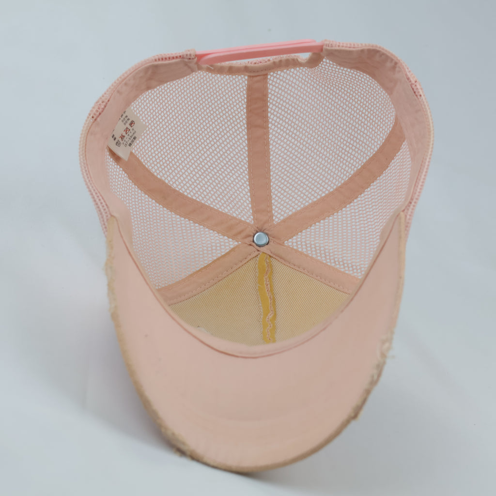 Distressed Sequin Graphic Trucker Hat - Pink & Tan Mesh Snapback
