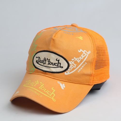 Thrifted Don't Touch Patch Orange Trucker Hat | Y2K Streetwear Mesh Cap