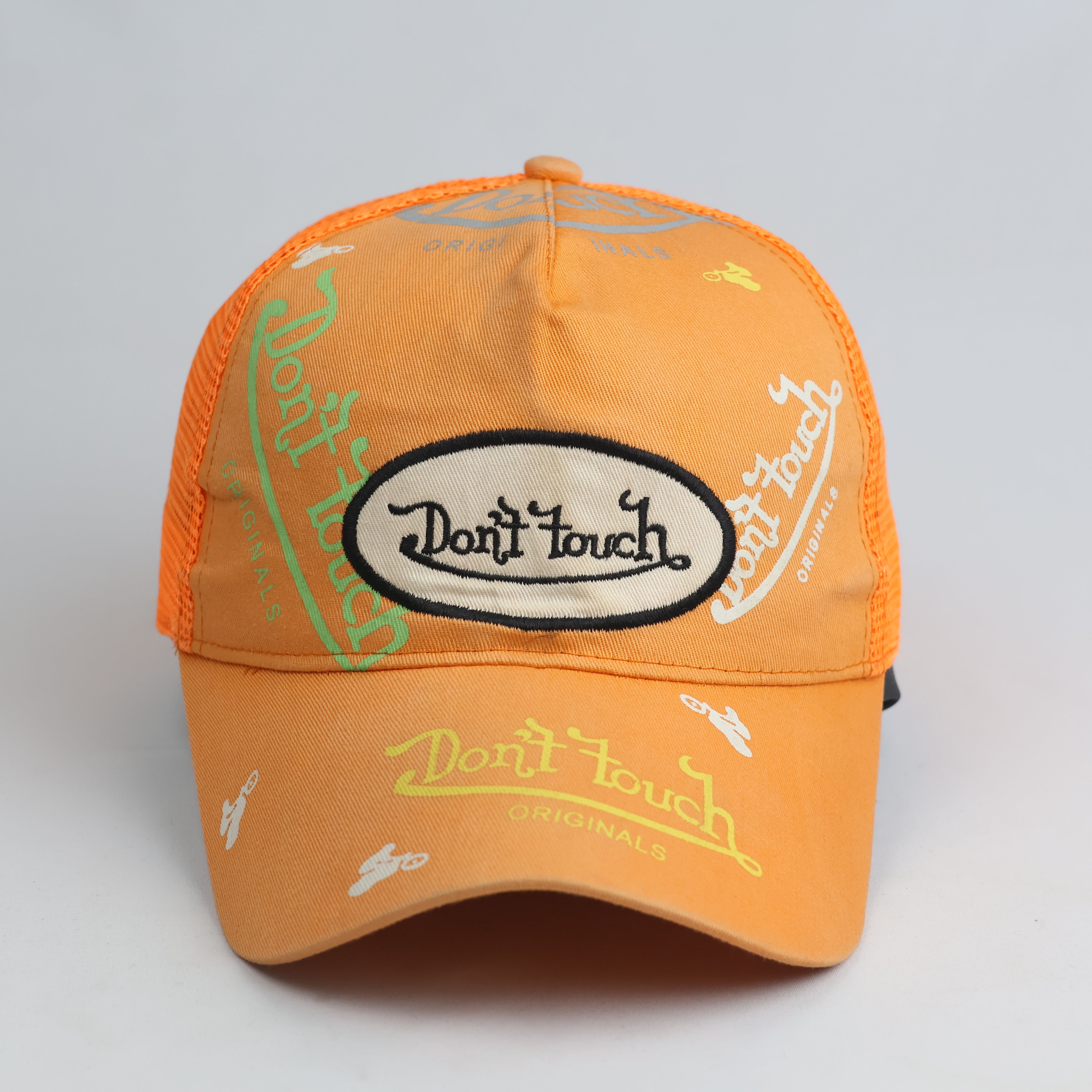Thrifted Don't Touch Patch Orange Trucker Hat | Y2K Streetwear Mesh Cap