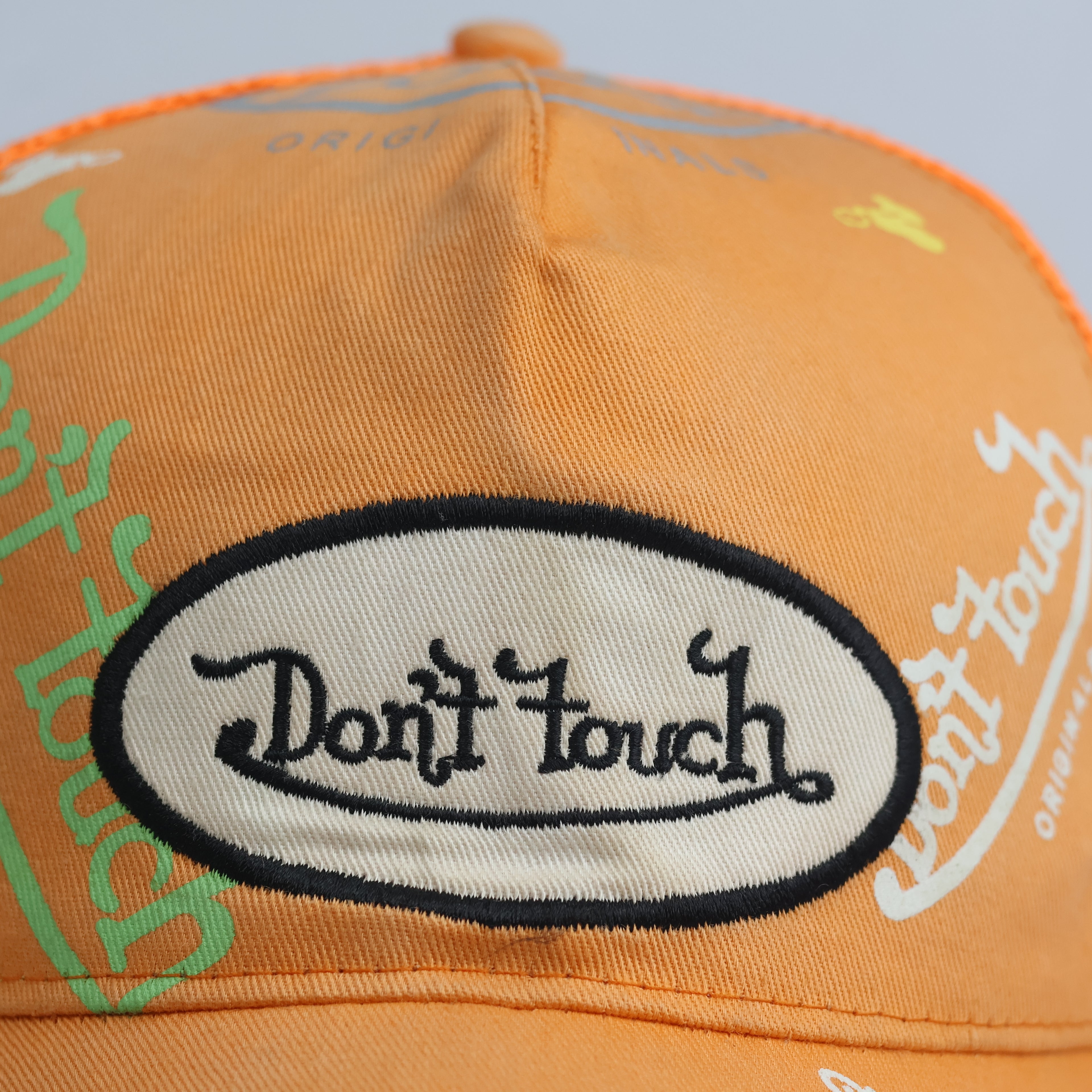 Thrifted Don't Touch Patch Orange Trucker Hat | Y2K Streetwear Mesh Cap
