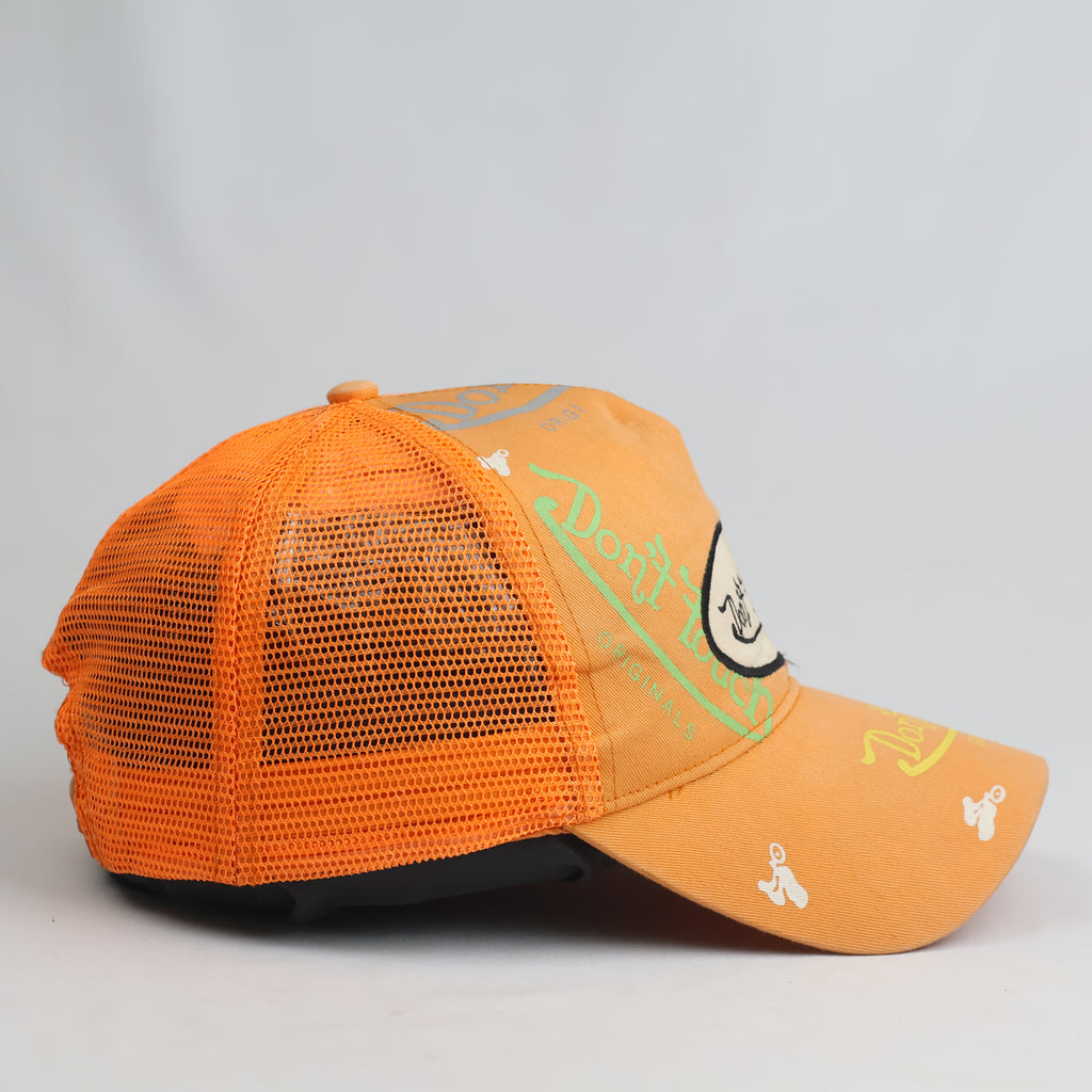 Thrifted Don't Touch Patch Orange Trucker Hat | Y2K Streetwear Mesh Cap