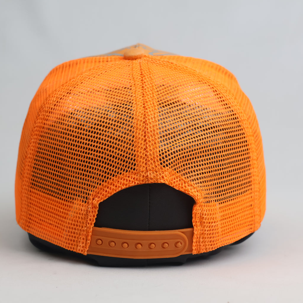 Thrifted Don't Touch Patch Orange Trucker Hat | Y2K Streetwear Mesh Cap