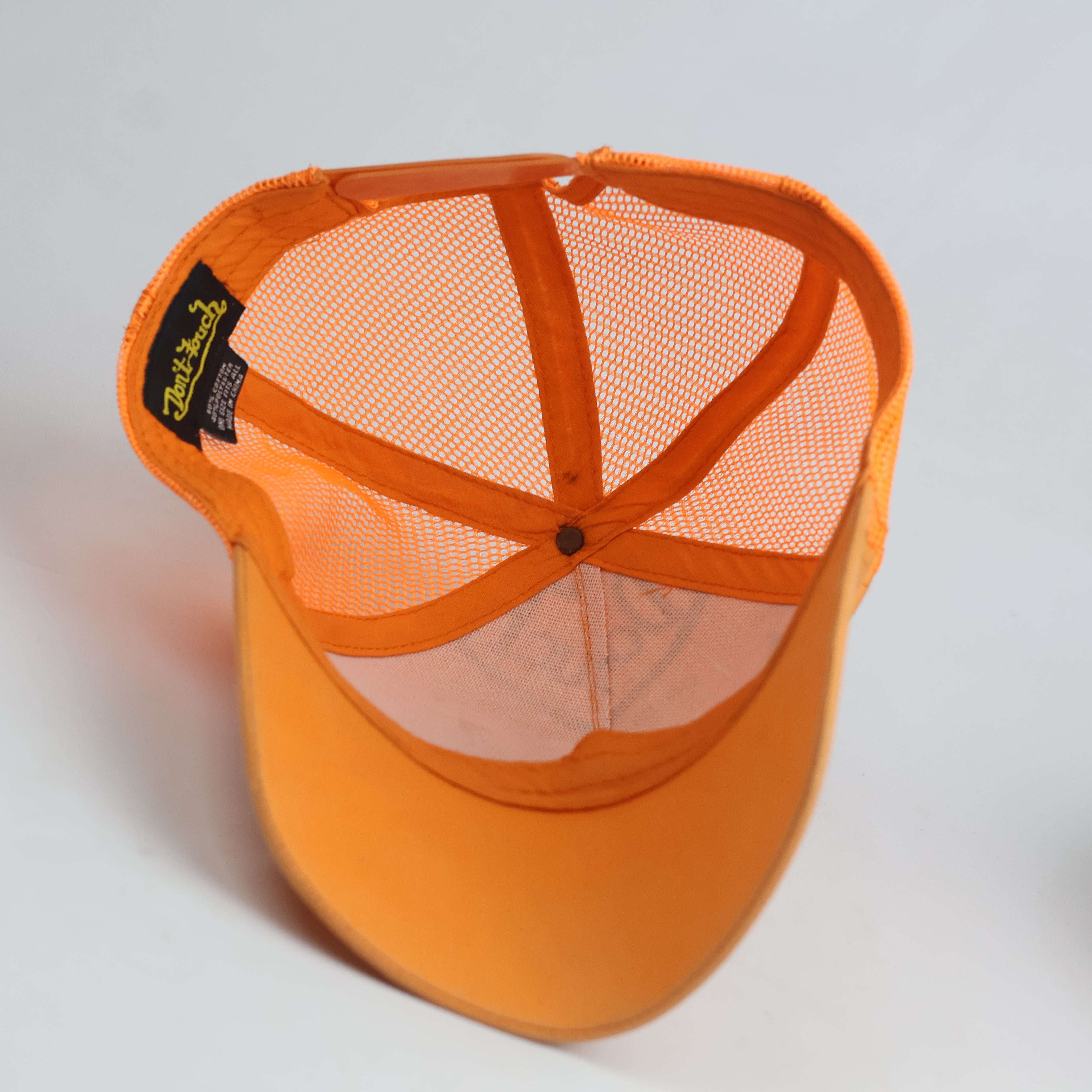 Thrifted Don't Touch Patch Orange Trucker Hat | Y2K Streetwear Mesh Cap