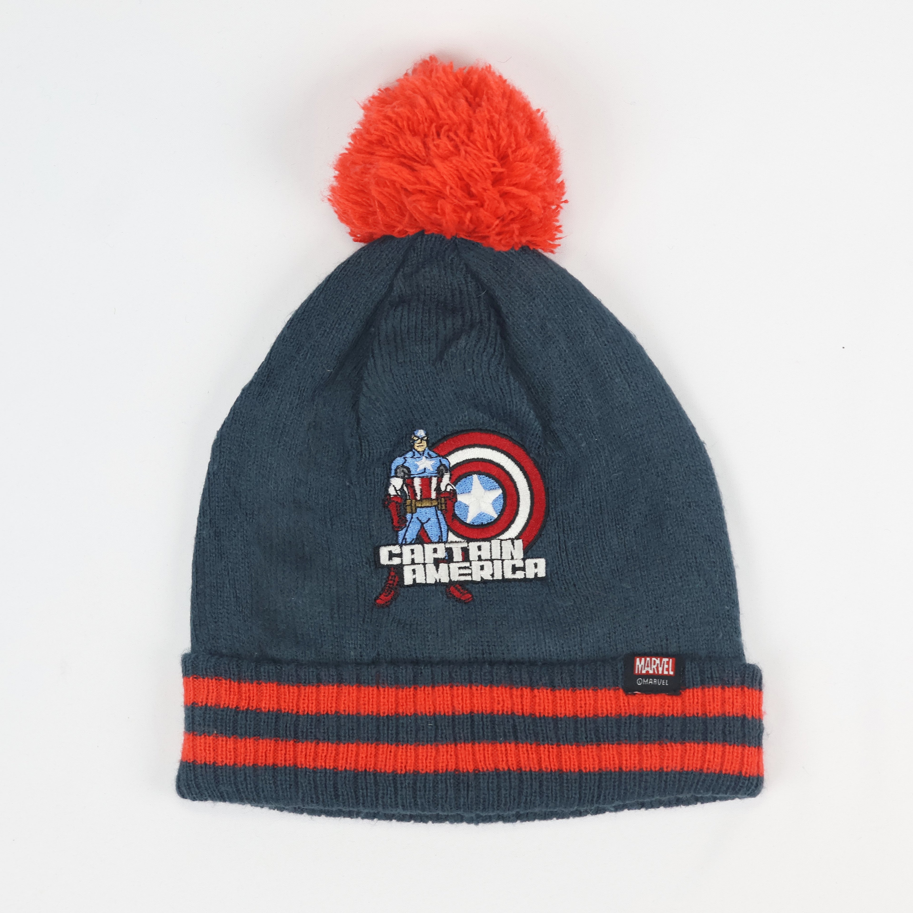 Captain America Thrifted Winter Hat - Embroidered Marvel Superhero Beanie with Striped Cuff