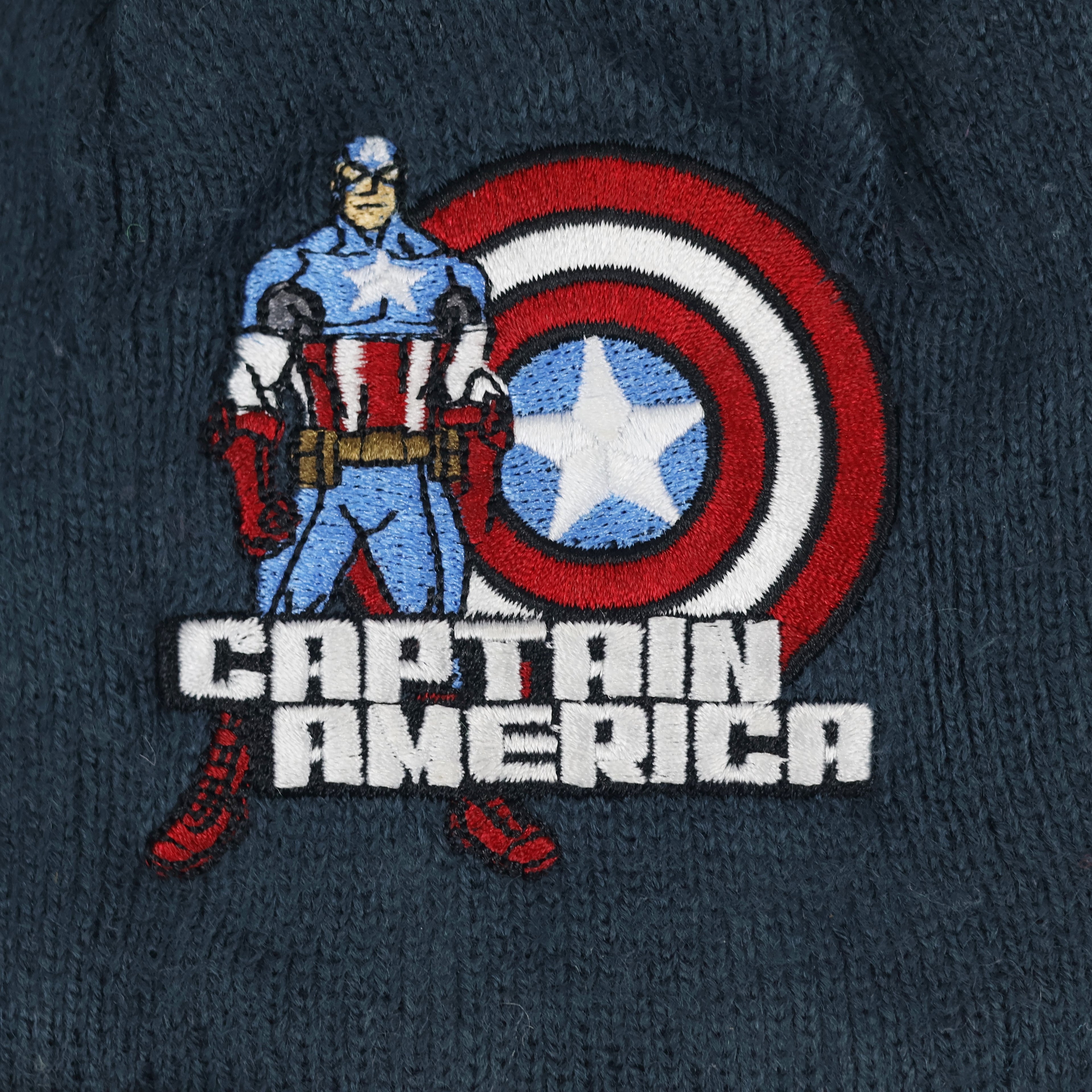 Captain America Thrifted Winter Hat - Embroidered Marvel Superhero Beanie with Striped Cuff