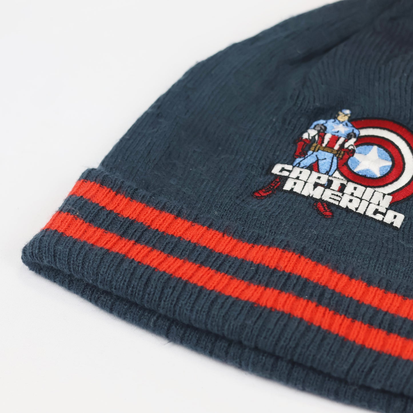 Captain America Thrifted Winter Hat - Embroidered Marvel Superhero Beanie with Striped Cuff