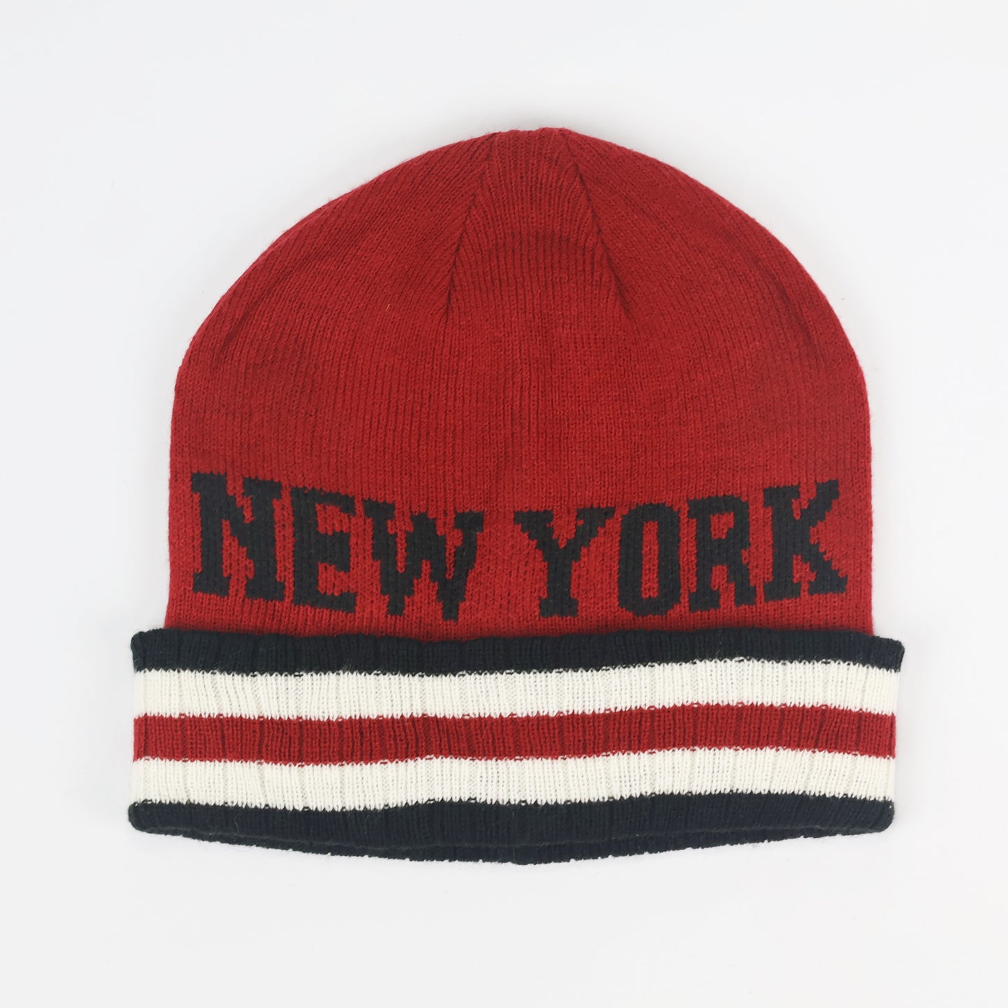 Red New York Spellout Knit Thrifted Beanie – Striped Cuff Winter Hat