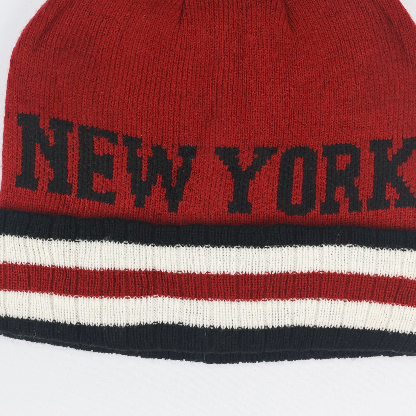Red New York Spellout Knit Thrifted Beanie – Striped Cuff Winter Hat