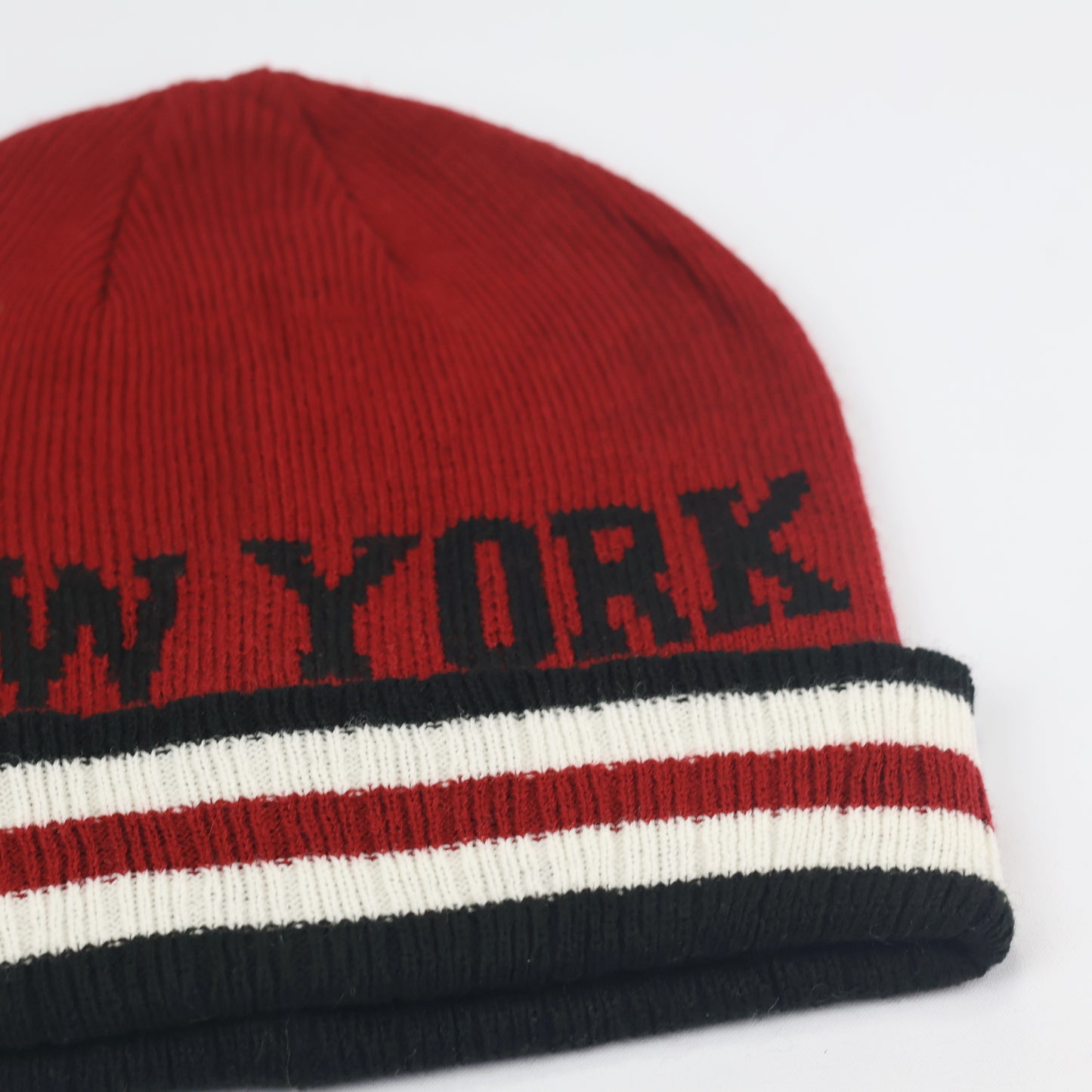 Red New York Spellout Knit Thrifted Beanie – Striped Cuff Winter Hat