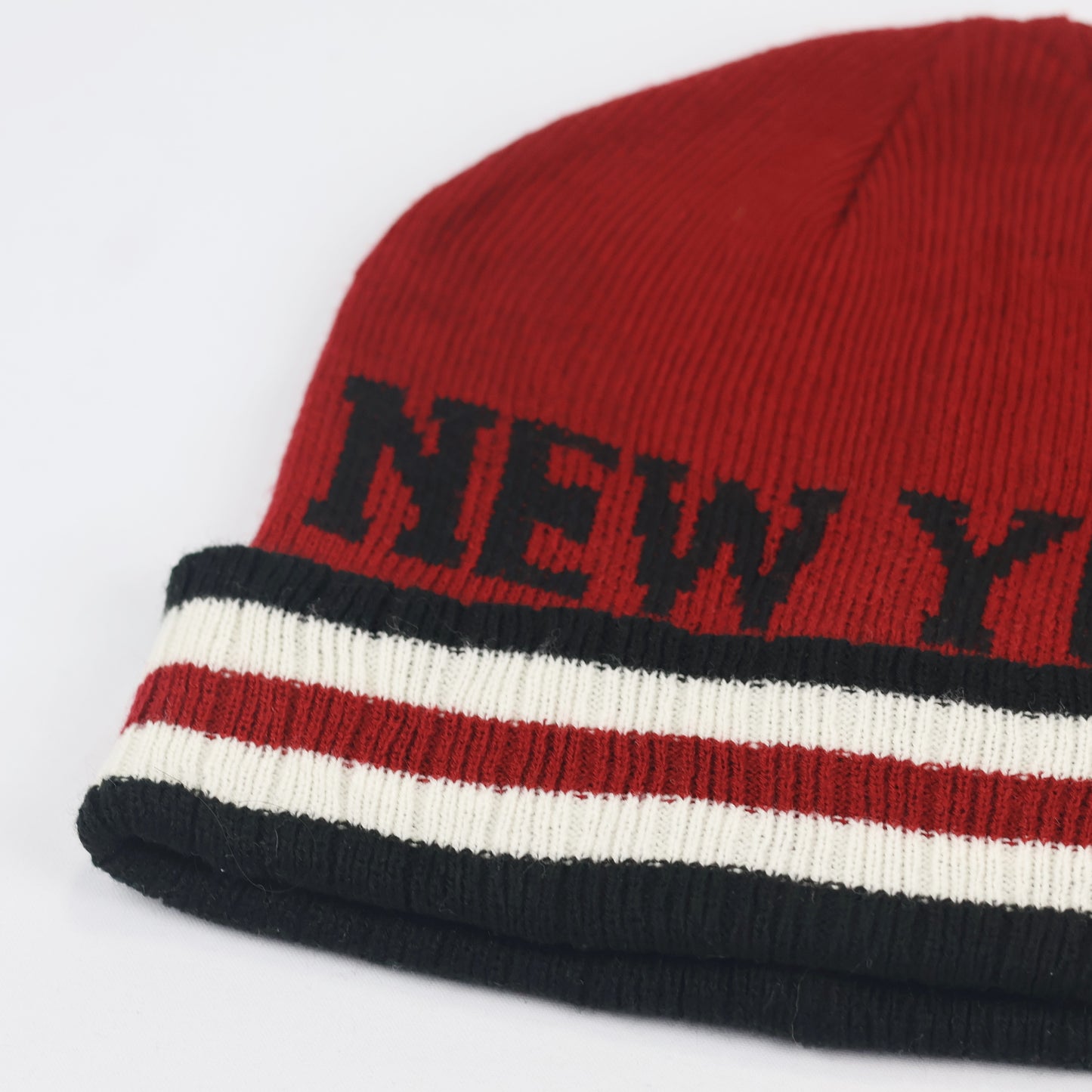 Red New York Spellout Knit Thrifted Beanie – Striped Cuff Winter Hat