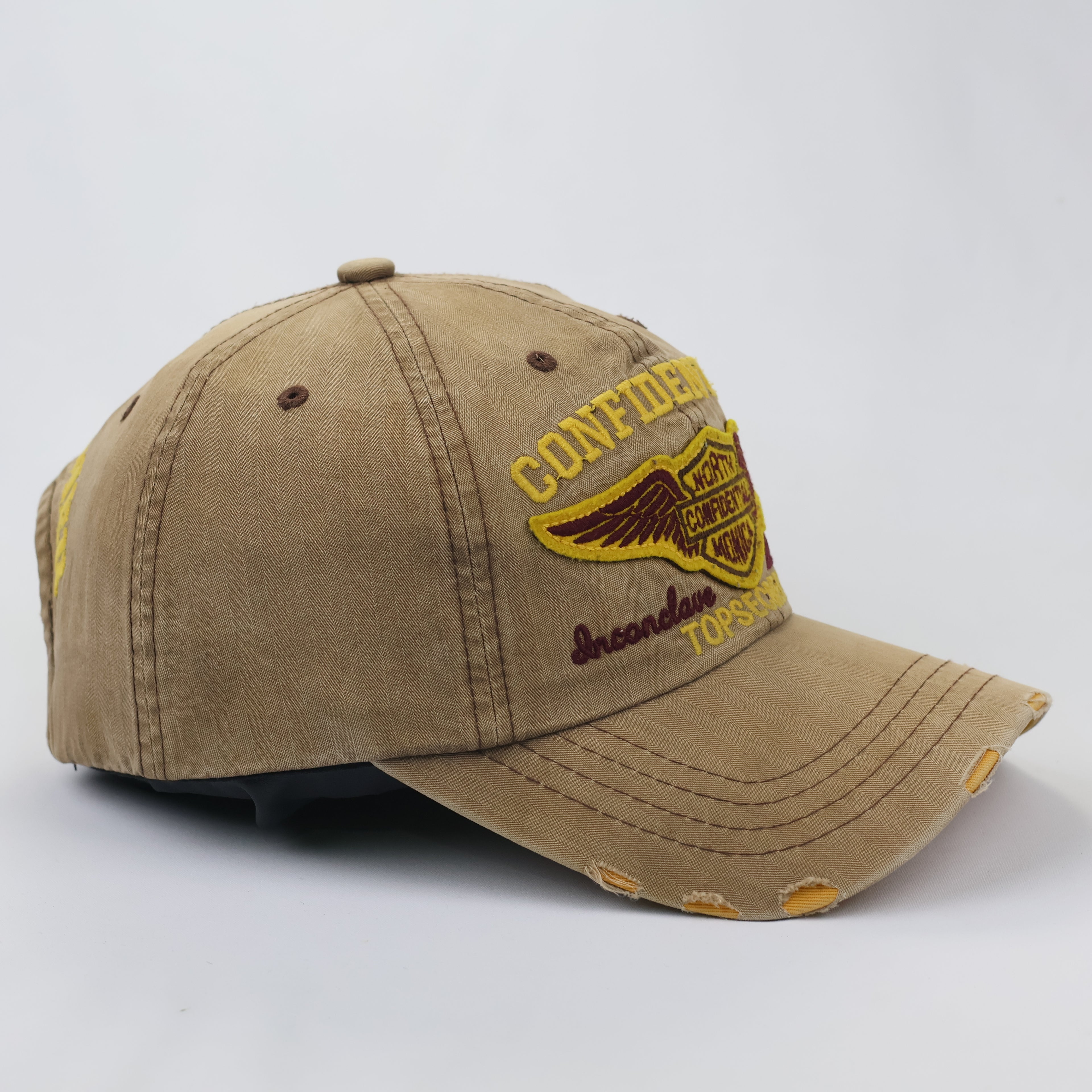 Retro Khaki Biker Style Cap with Thrasher Back Embroidery & Sun-Faded Look