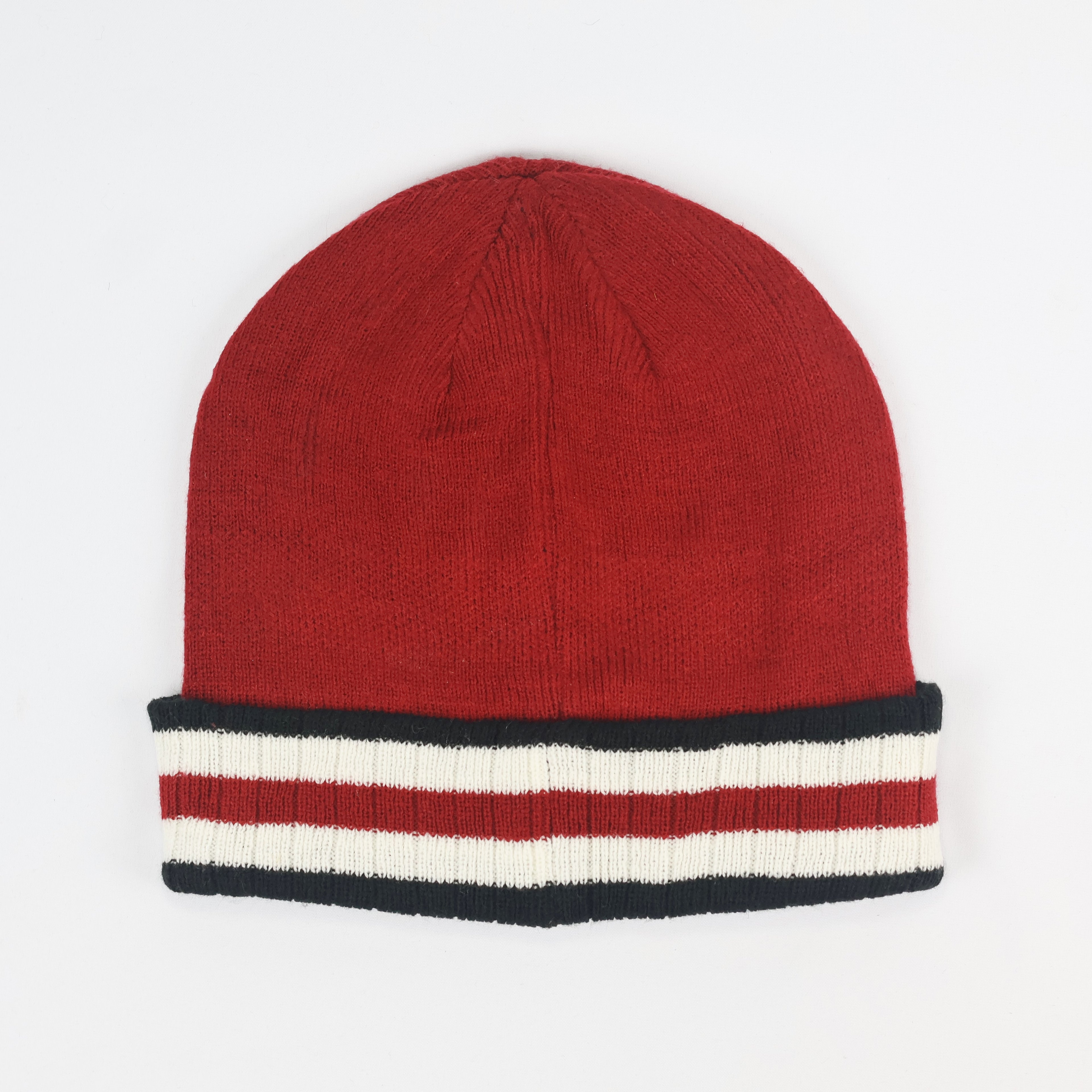 Red New York Spellout Knit Thrifted Beanie – Striped Cuff Winter Hat
