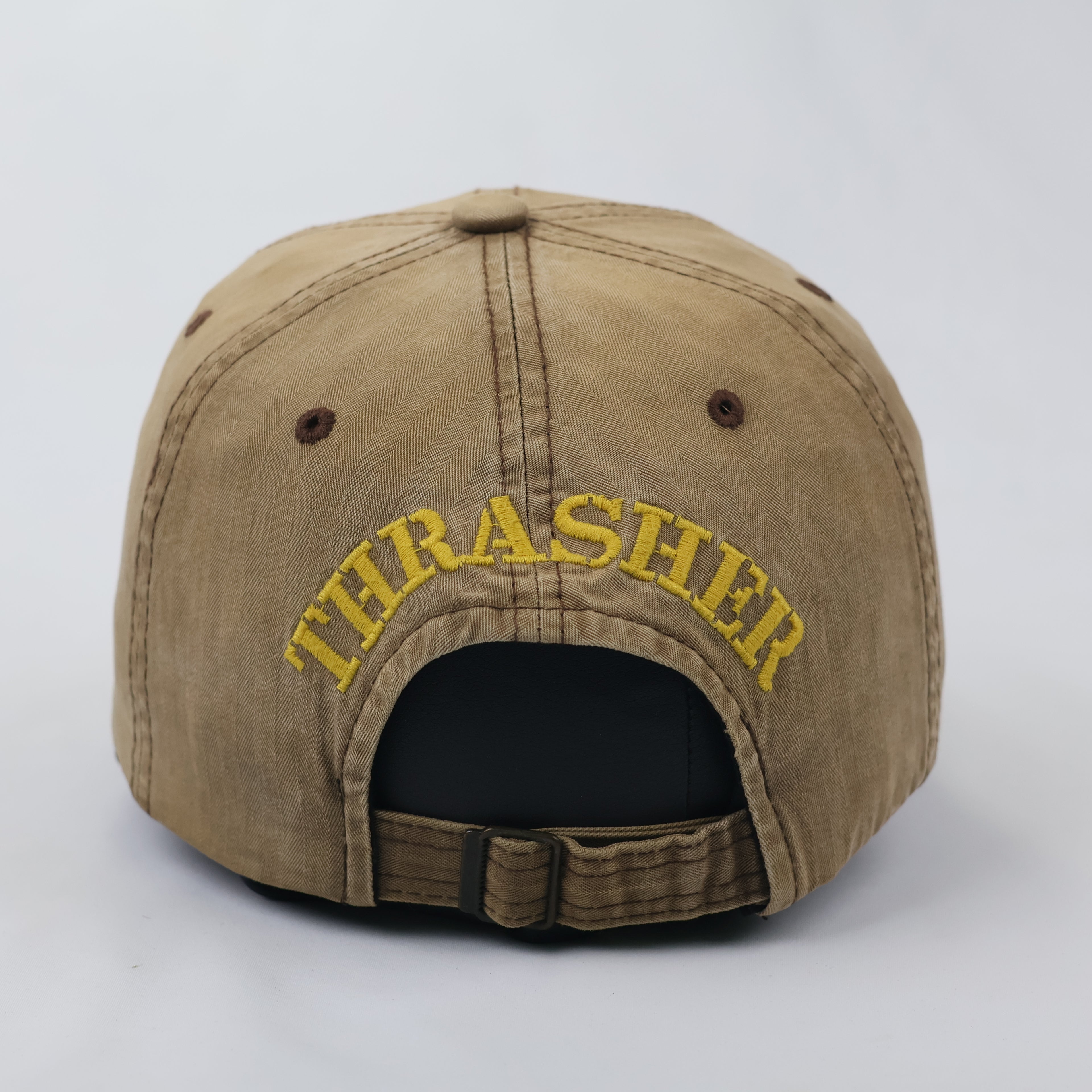 Retro Khaki Biker Style Cap with Thrasher Back Embroidery & Sun-Faded Look