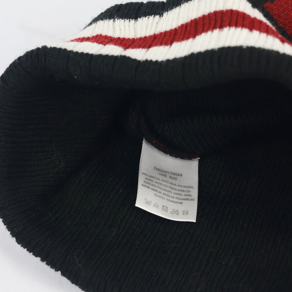 Red New York Spellout Knit Thrifted Beanie – Striped Cuff Winter Hat