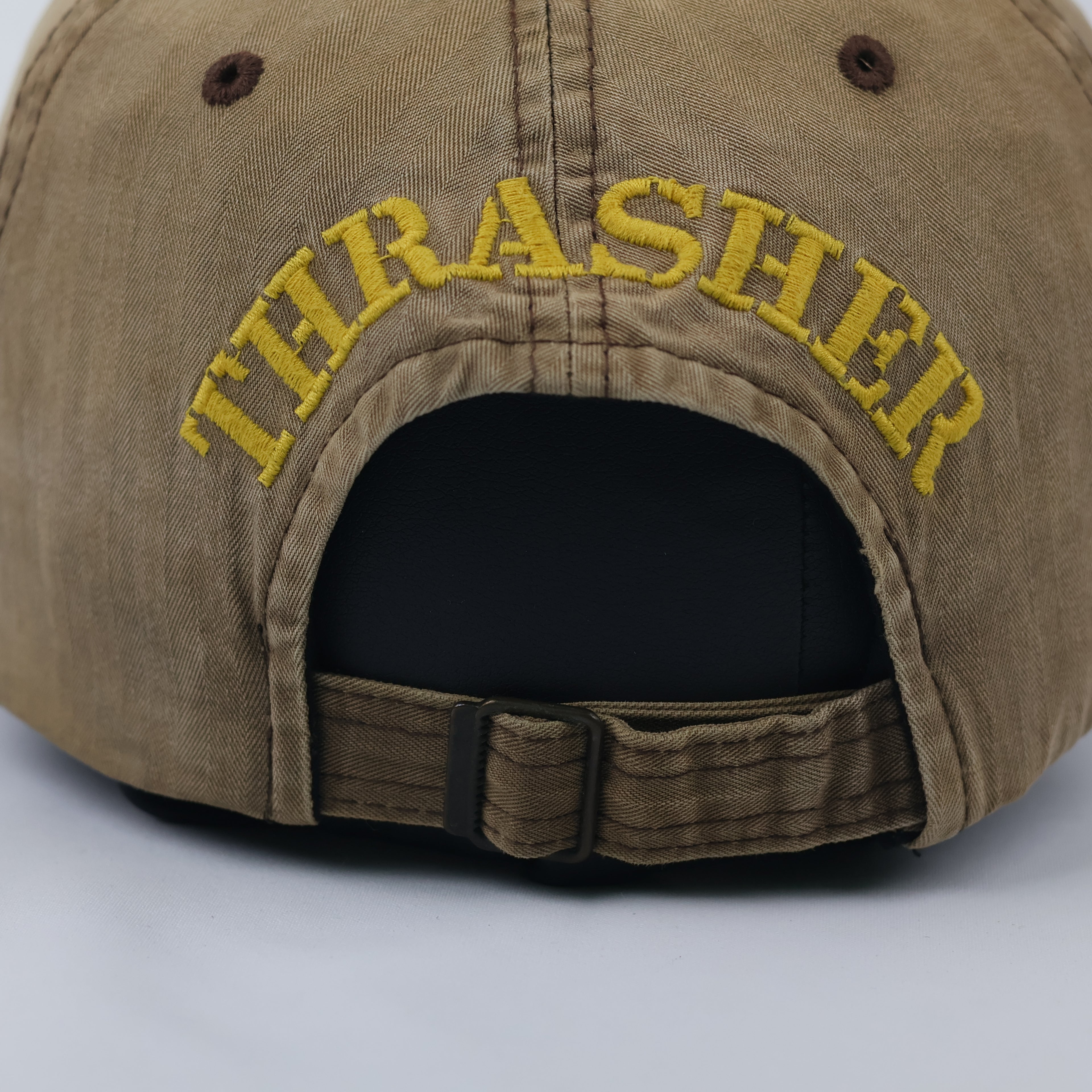Retro Khaki Biker Style Cap with Thrasher Back Embroidery & Sun-Faded Look