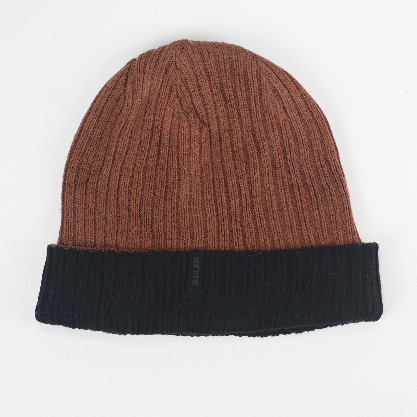 Ignite Rust Brown & Black Two-Tone Ribbed Cuffed Thrifted Beanie