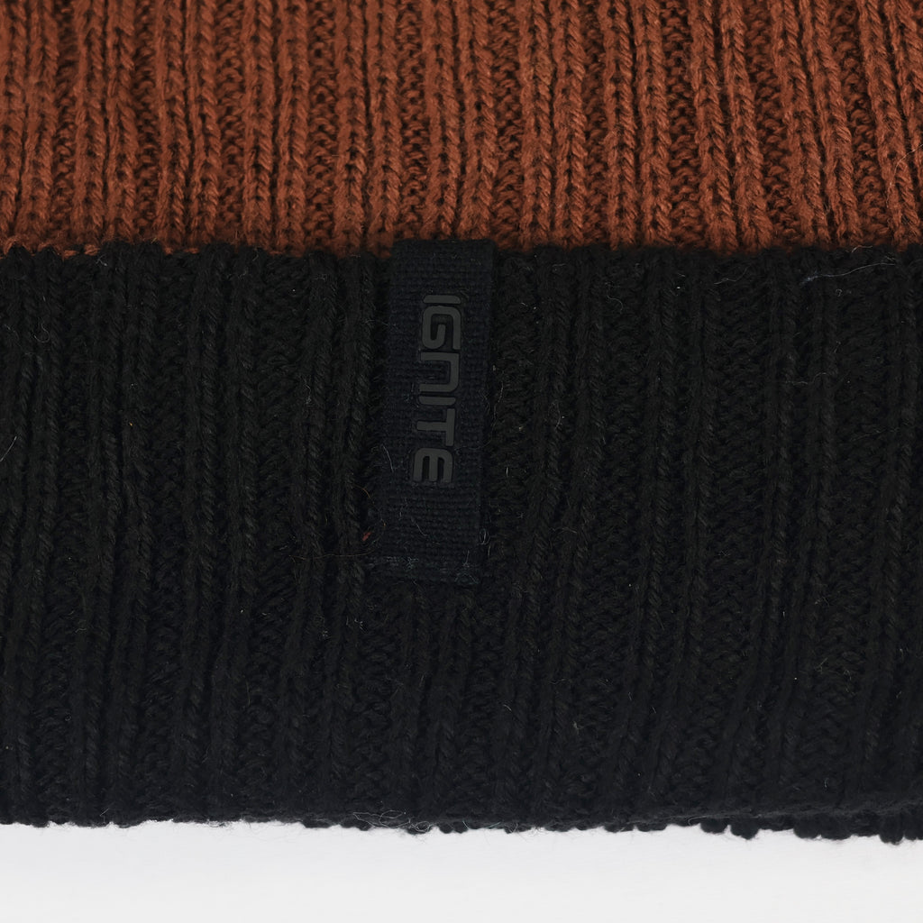 Ignite Rust Brown & Black Two-Tone Ribbed Cuffed Thrifted Beanie