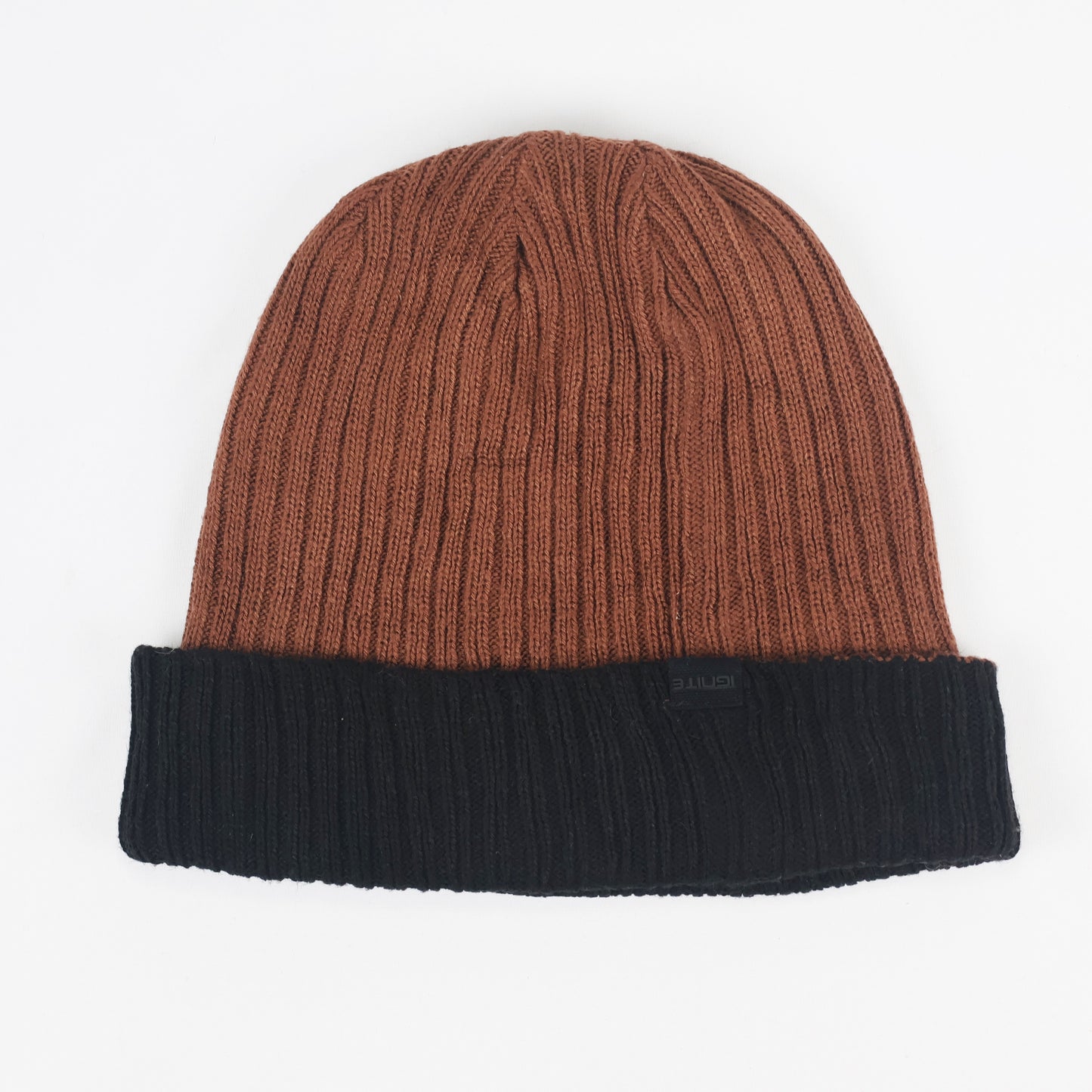 Ignite Rust Brown & Black Two-Tone Ribbed Cuffed Thrifted Beanie