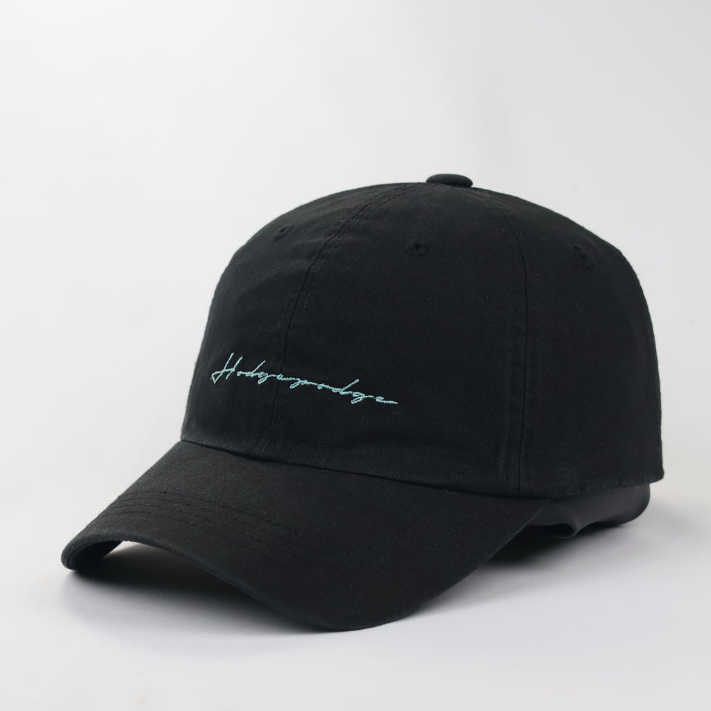 Minimalist Black Thrifted Dad Hat with Teal Cursive Embroidery