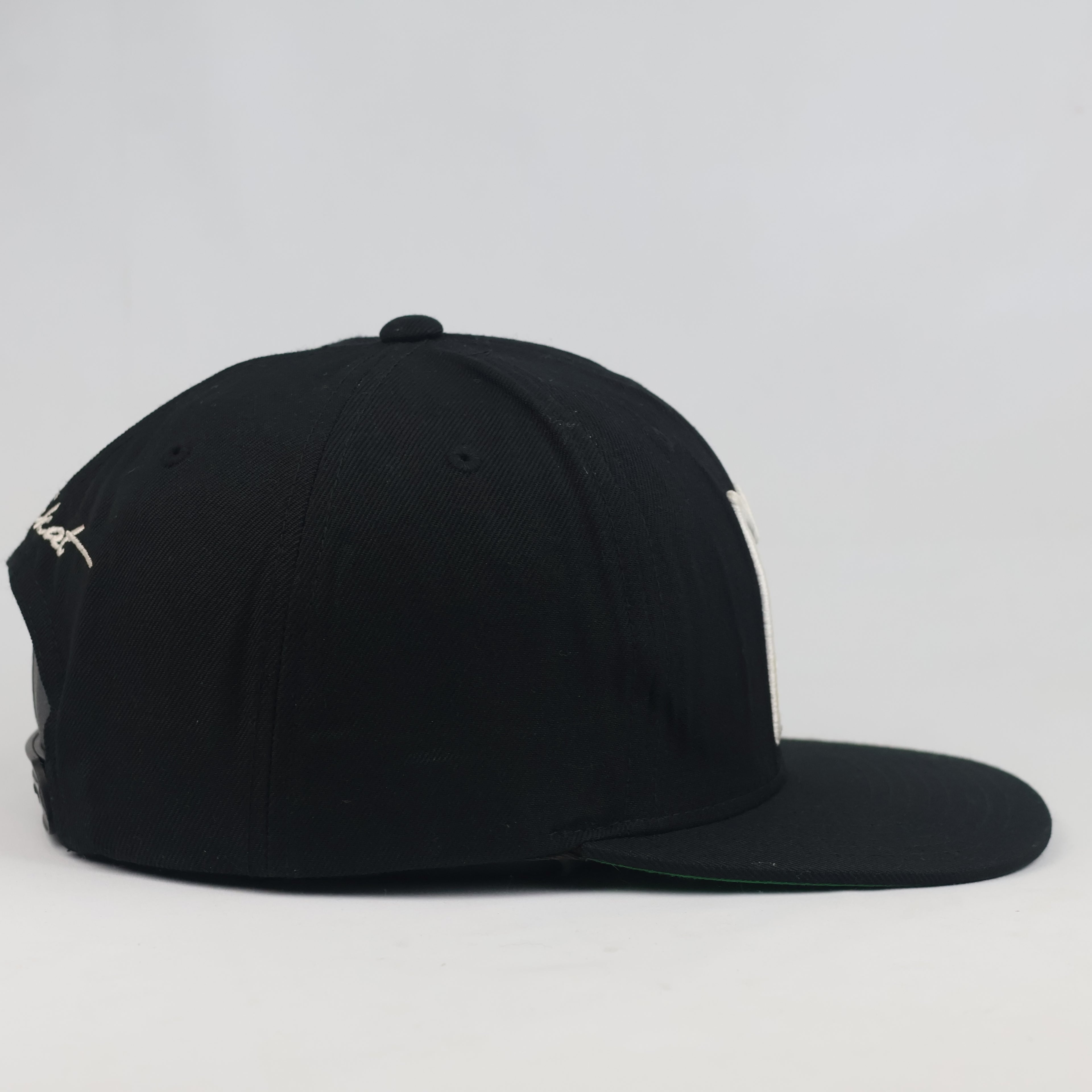 Thrifted Unikat Embroidered Black Flat Brim Snapback | Green Bottom Hat