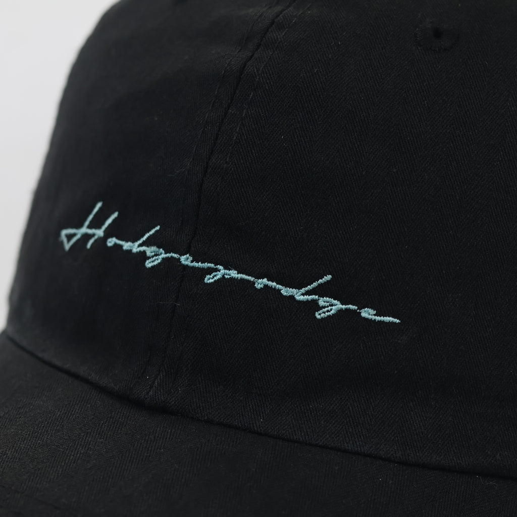 Minimalist Black Thrifted Dad Hat with Teal Cursive Embroidery