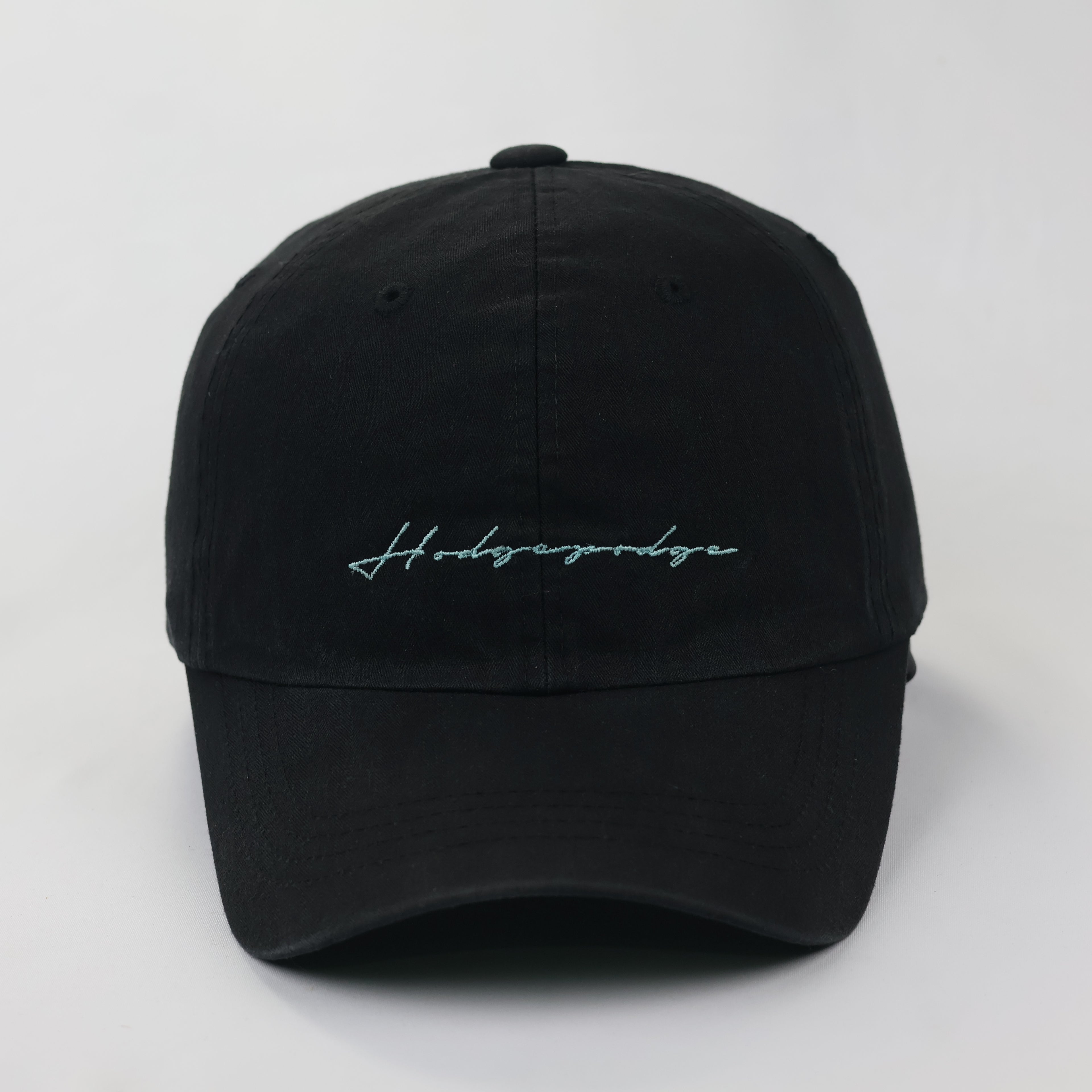Minimalist Black Thrifted Dad Hat with Teal Cursive Embroidery