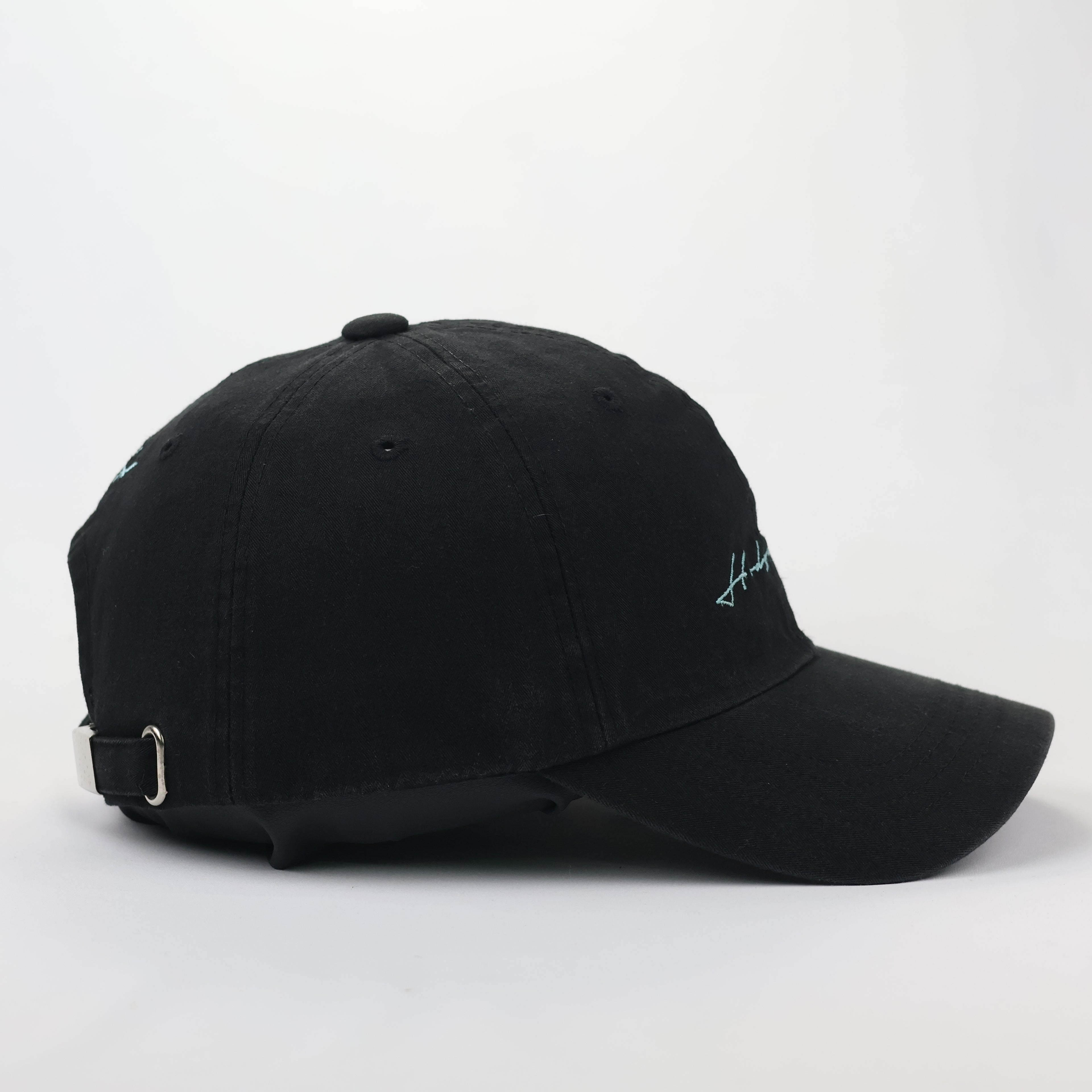 Minimalist Black Thrifted Dad Hat with Teal Cursive Embroidery