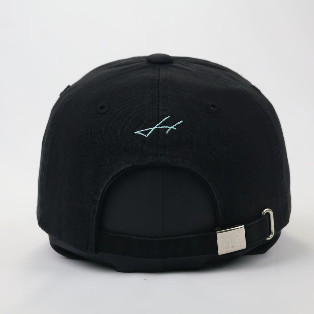 Minimalist Black Thrifted Dad Hat with Teal Cursive Embroidery
