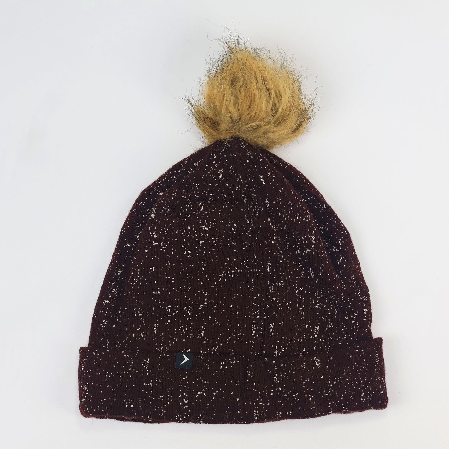 Deep Red Glitter Winter Hat with Tan Pom Pom - Shimmery Cuffed Cap