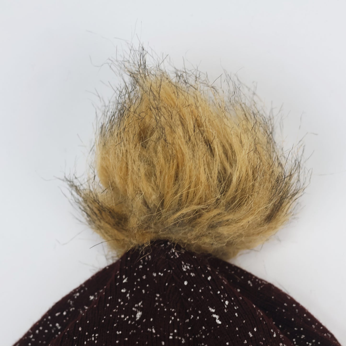 Deep Red Glitter Winter Hat with Tan Pom Pom - Shimmery Cuffed Cap