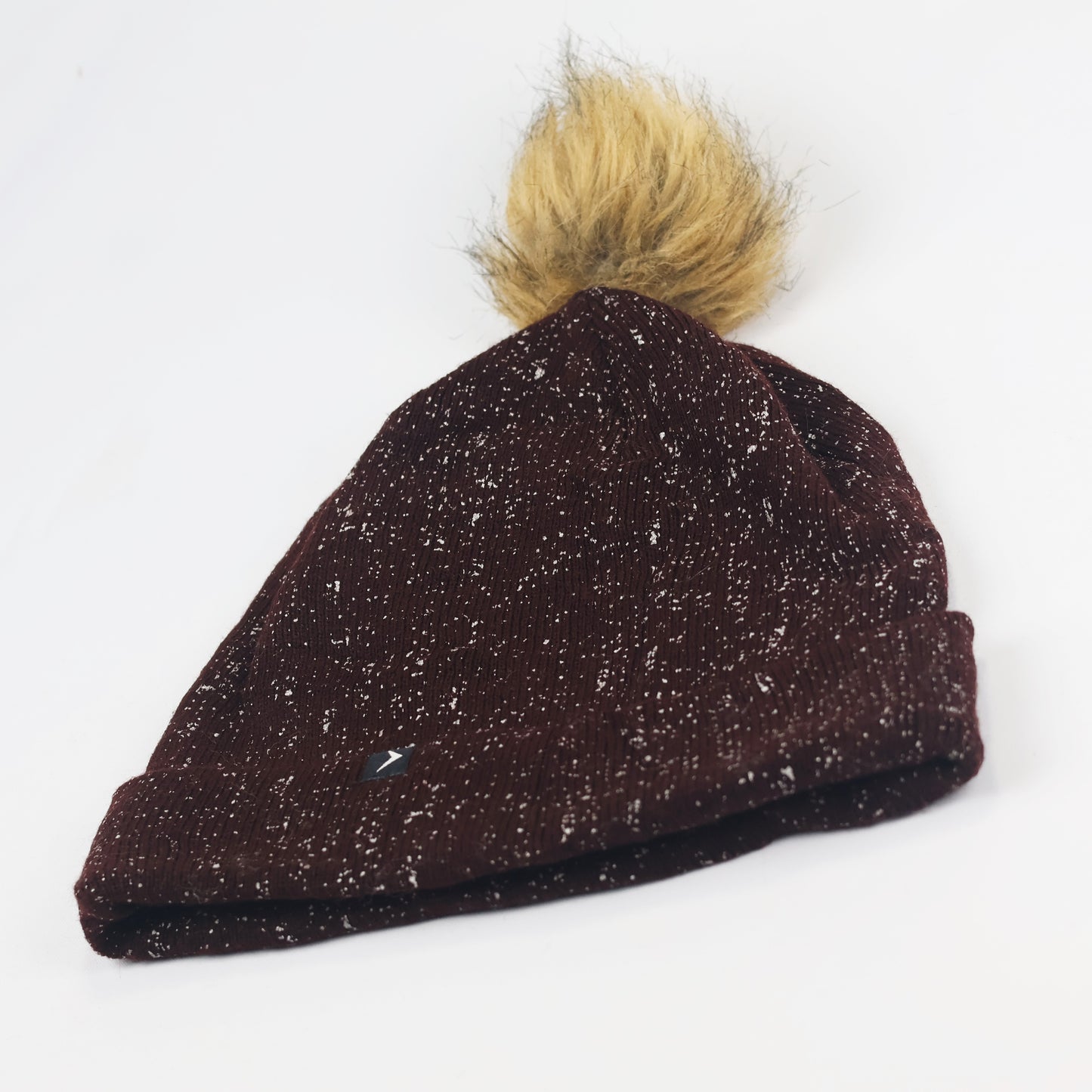 Deep Red Glitter Winter Hat with Tan Pom Pom - Shimmery Cuffed Cap