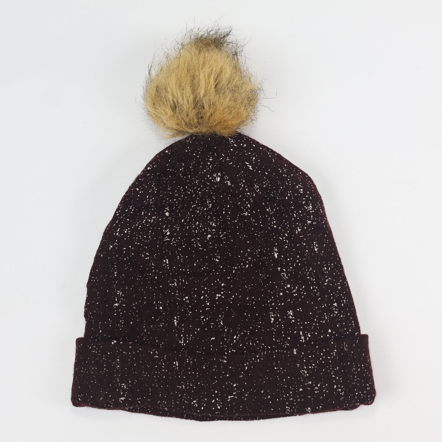 Deep Red Glitter Winter Hat with Tan Pom Pom - Shimmery Cuffed Cap