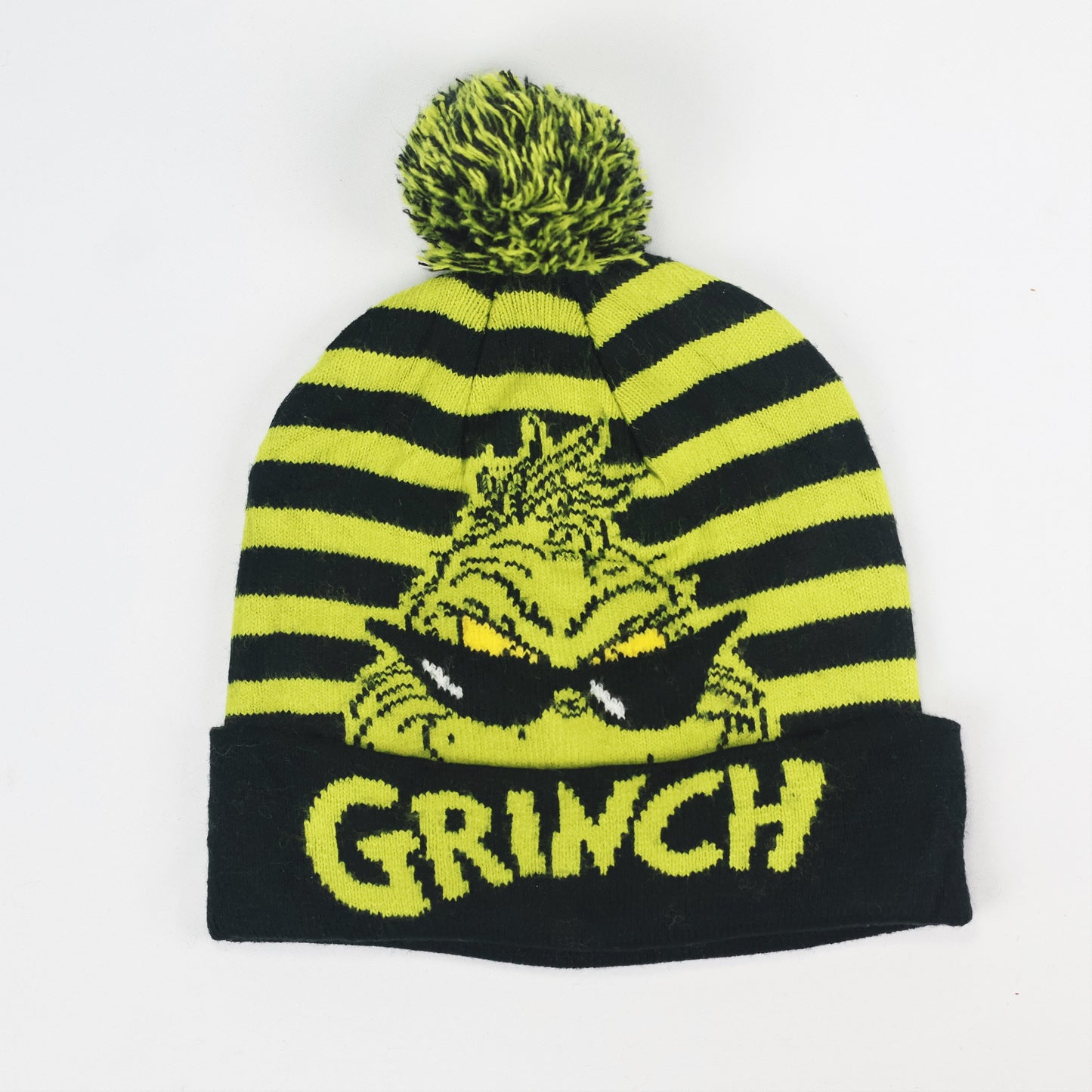 Dr. Seuss The Grinch Kids Winter Thrifted Beanie - Striped Pom Pom Hat (6-12 Years)