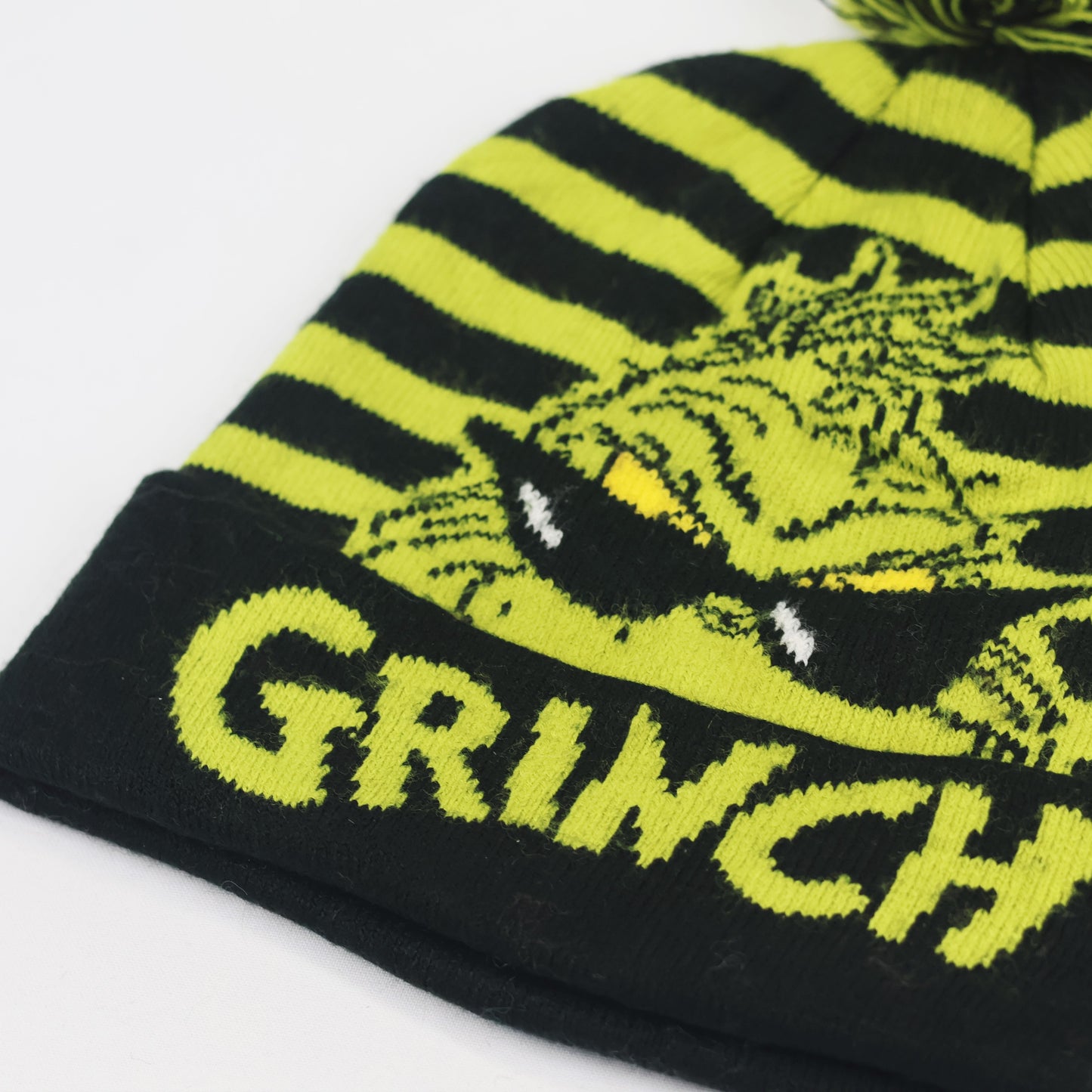Dr. Seuss The Grinch Kids Winter Thrifted Beanie - Striped Pom Pom Hat (6-12 Years)