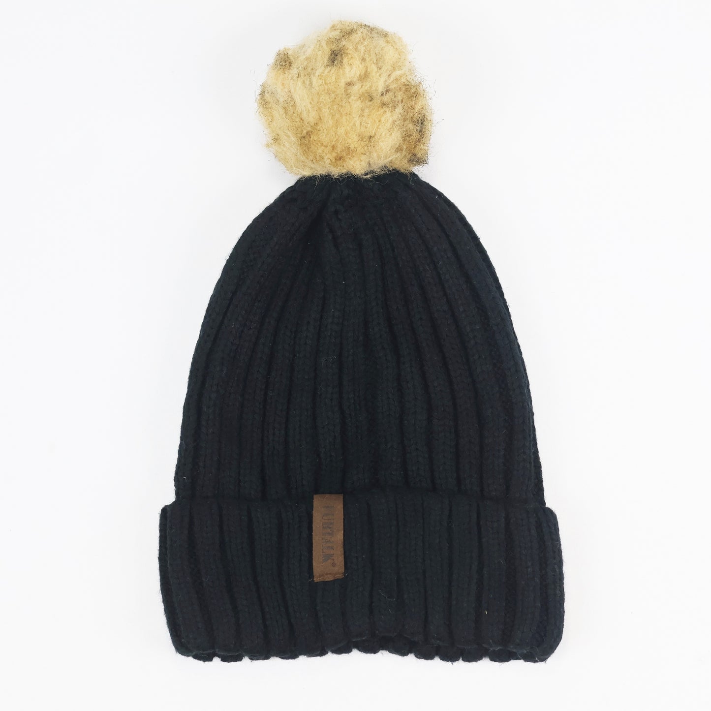 FURTALK Black Ribbed Knit Thrifted Beanie with Tan Faux Fur Pom Pom