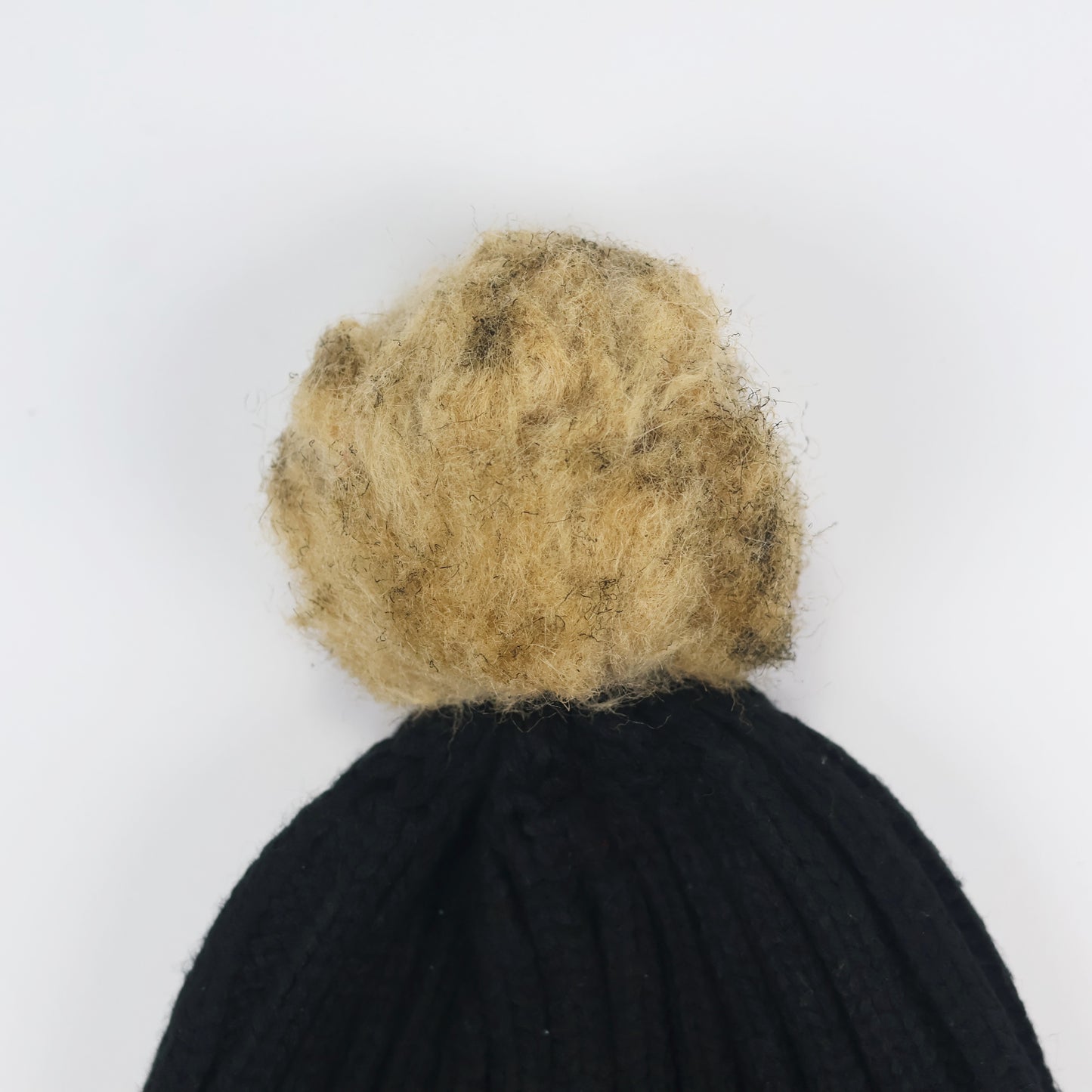 FURTALK Black Ribbed Knit Thrifted Beanie with Tan Faux Fur Pom Pom