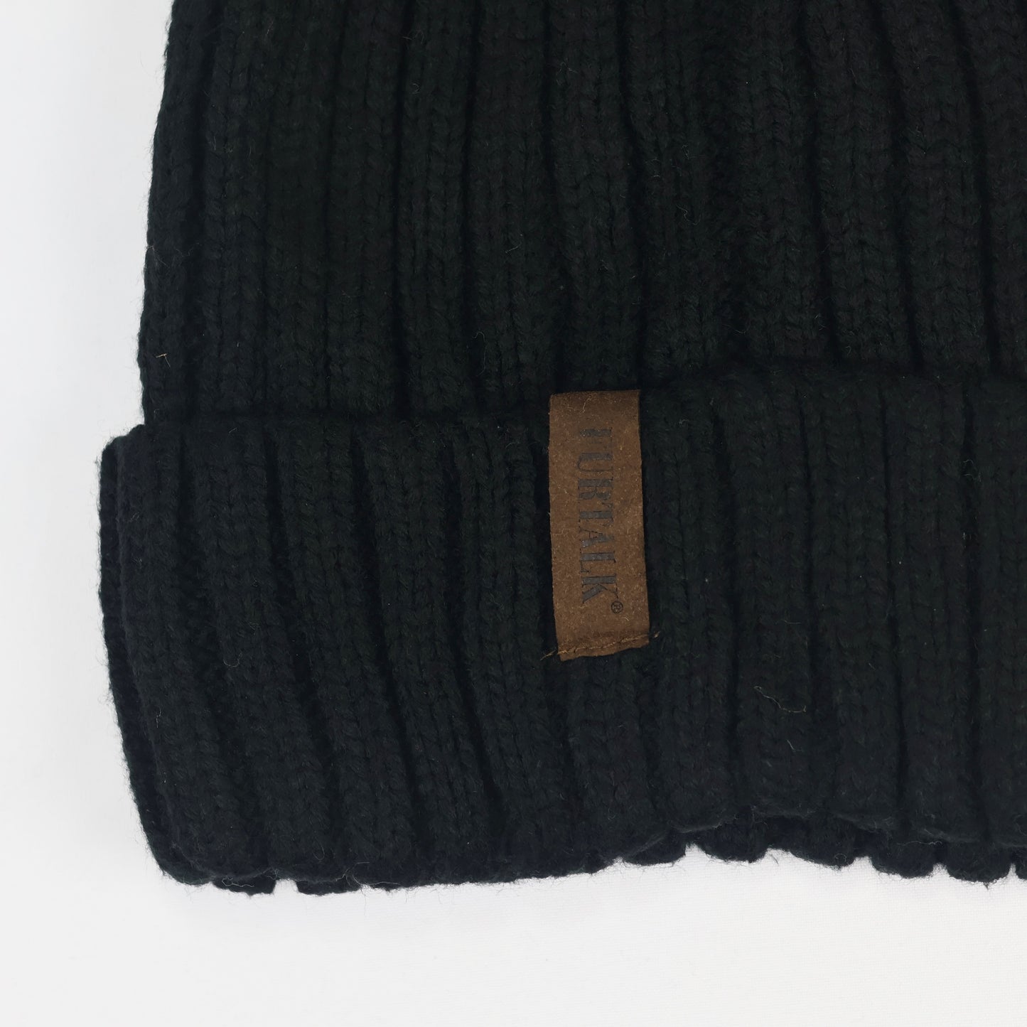 FURTALK Black Ribbed Knit Thrifted Beanie with Tan Faux Fur Pom Pom