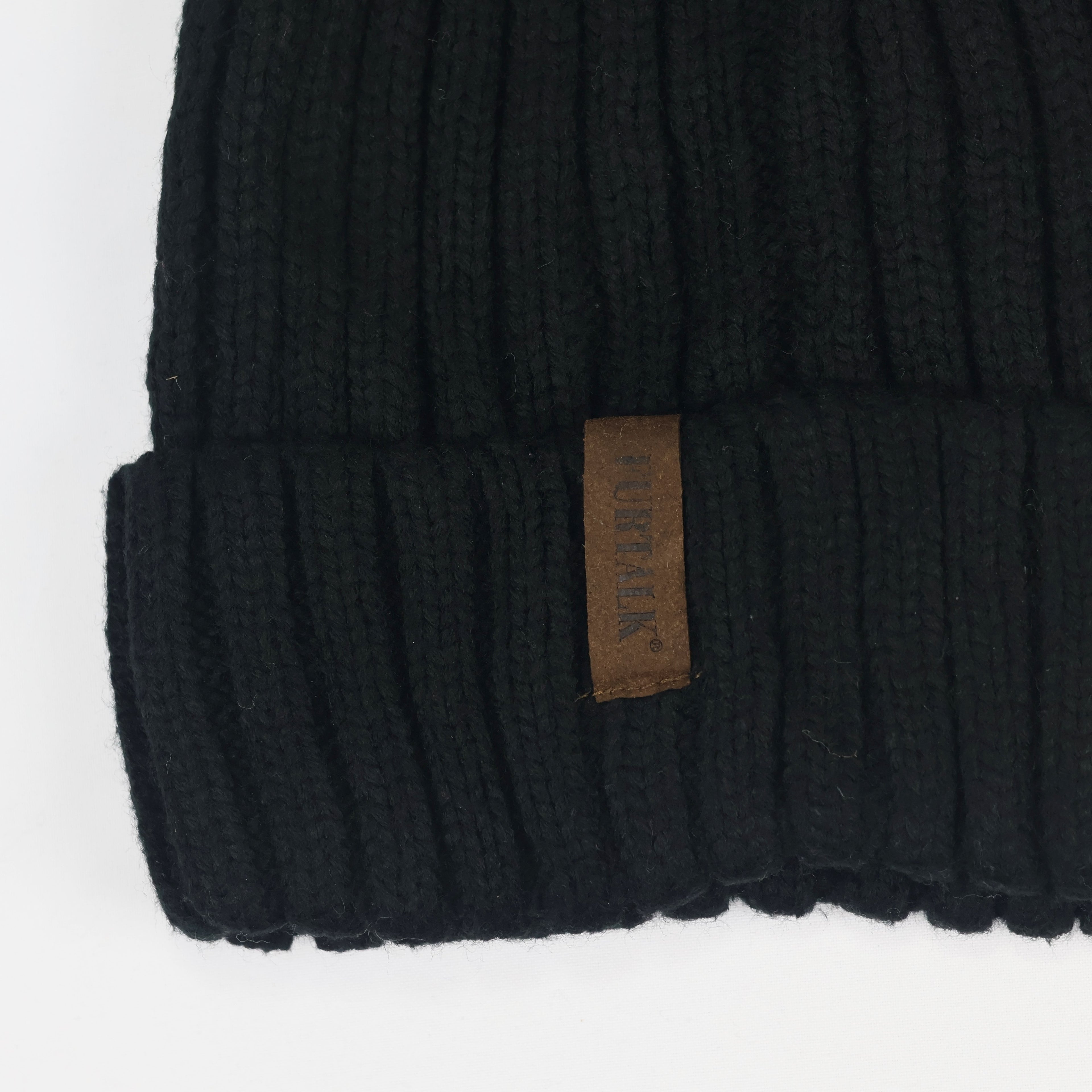 FURTALK Black Ribbed Knit Thrifted Beanie with Tan Faux Fur Pom Pom
