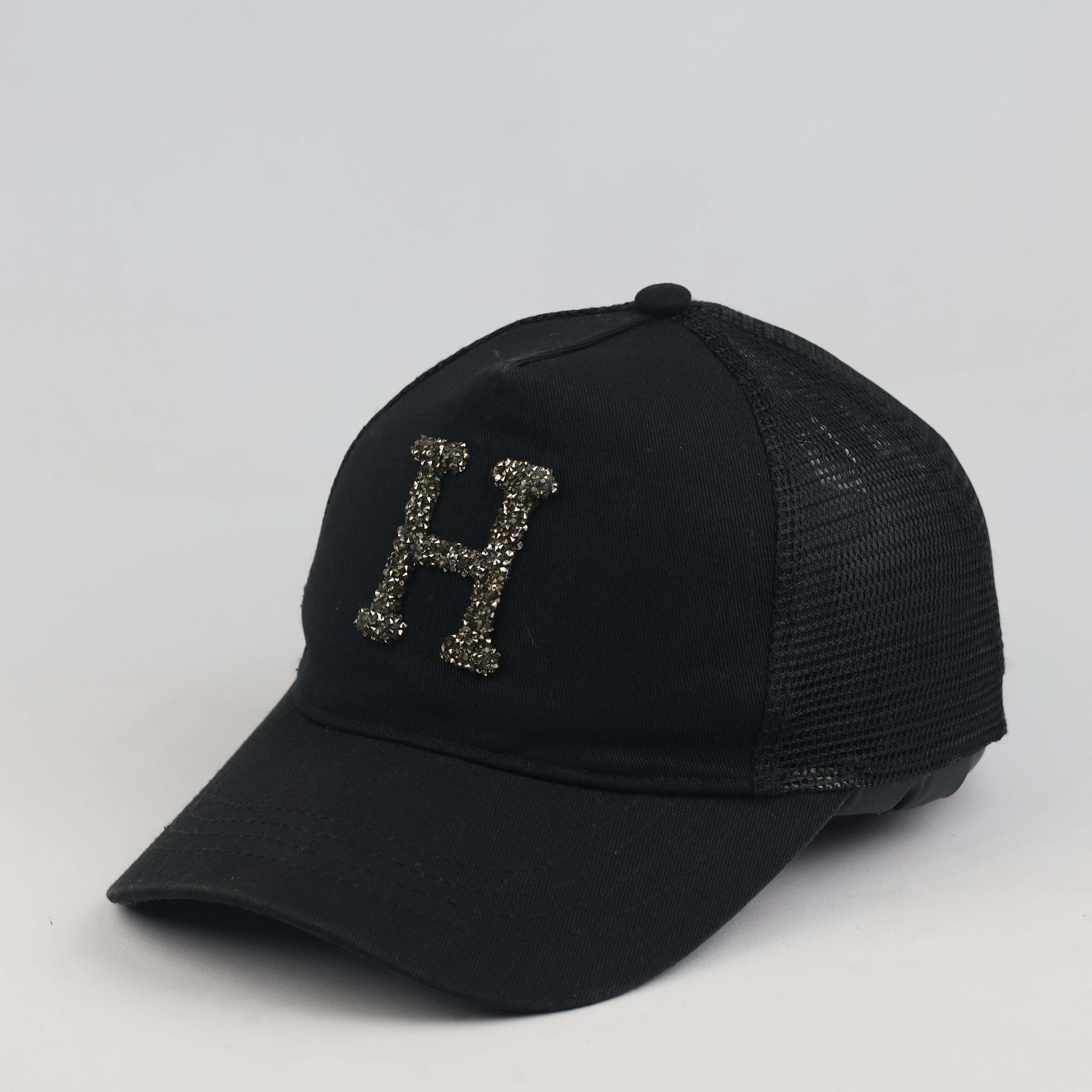 Thrifted Black Crystal "H" Logo Trucker Hat | House Brand Mesh Snapback