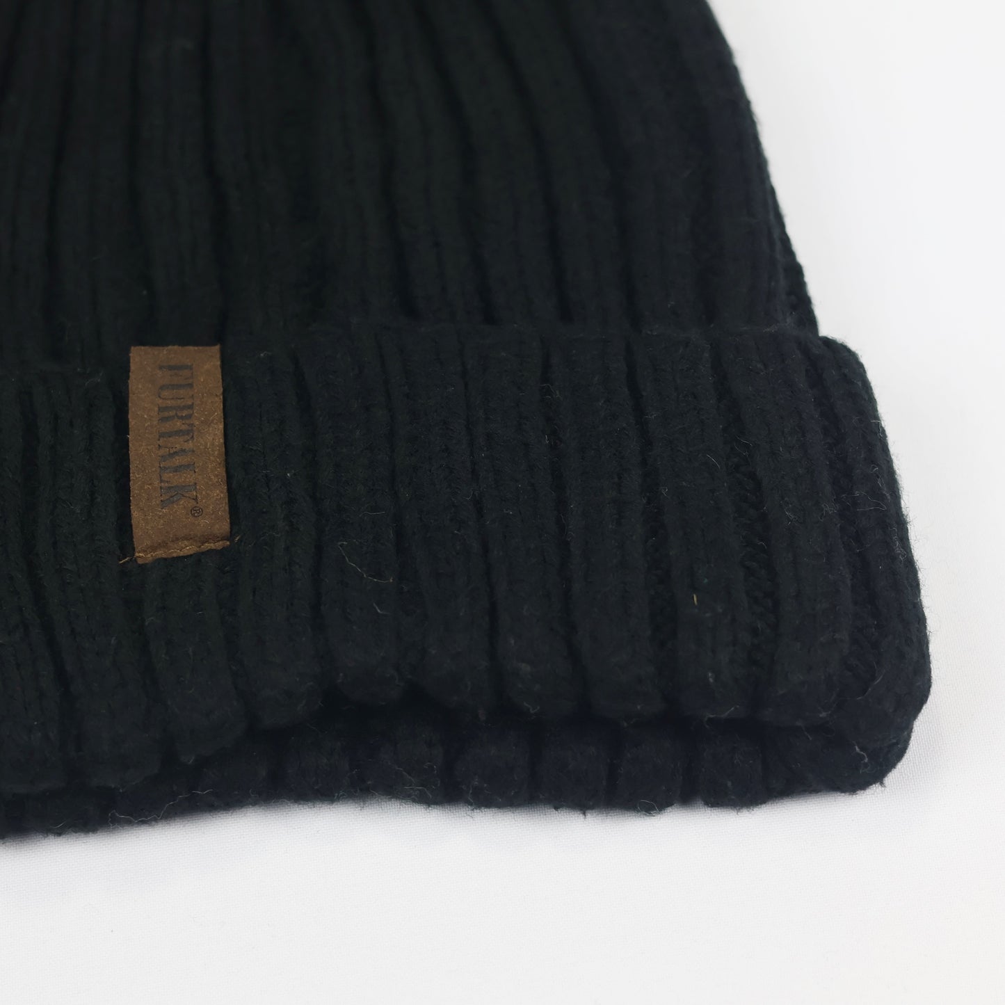 FURTALK Black Ribbed Knit Thrifted Beanie with Tan Faux Fur Pom Pom