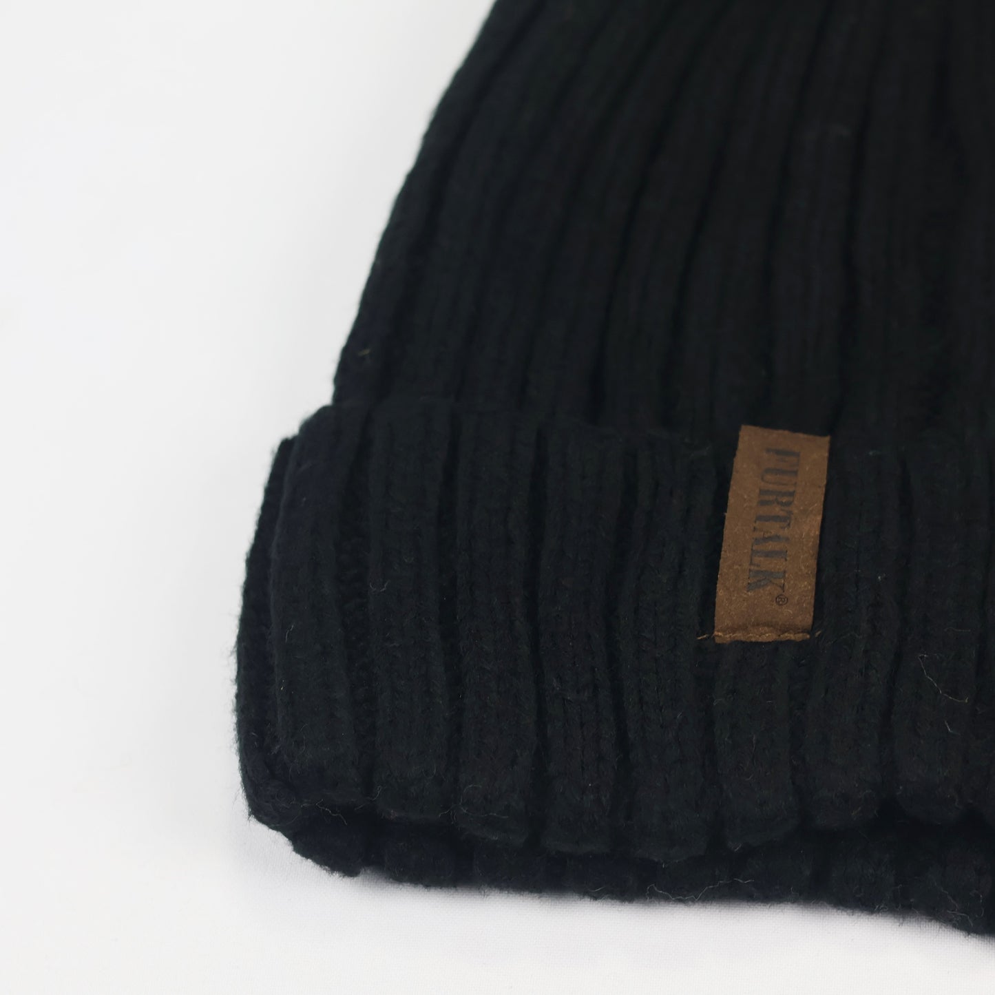 FURTALK Black Ribbed Knit Thrifted Beanie with Tan Faux Fur Pom Pom