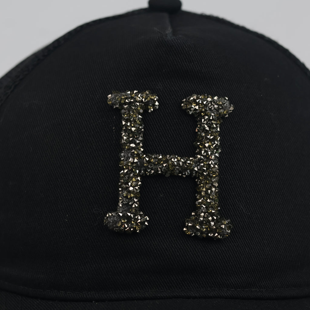 Thrifted Black Crystal "H" Logo Trucker Hat | House Brand Mesh Snapback