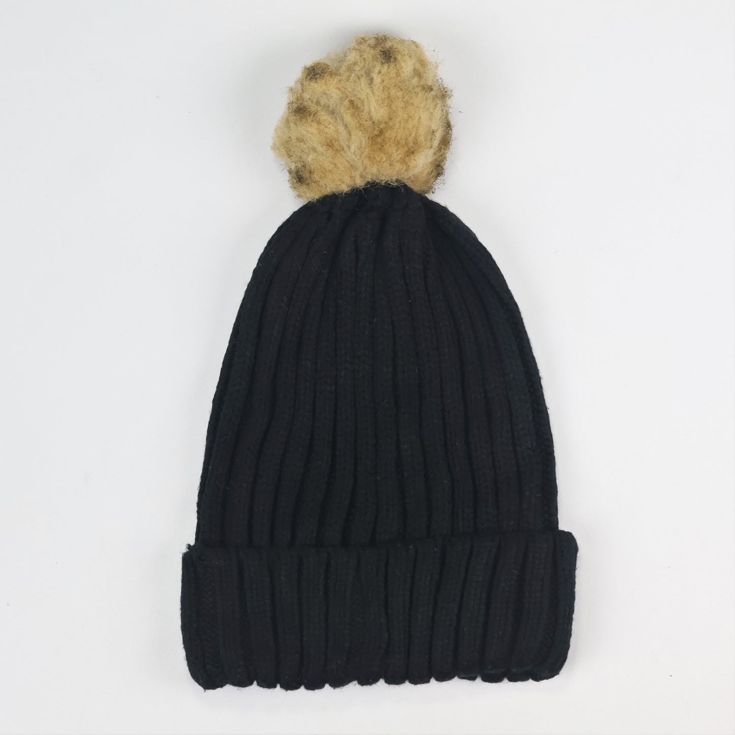 FURTALK Black Ribbed Knit Thrifted Beanie with Tan Faux Fur Pom Pom