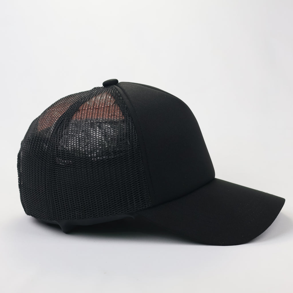 HOWN Korean Streetwear Blank Mesh Trucker Hat - Triple Black
